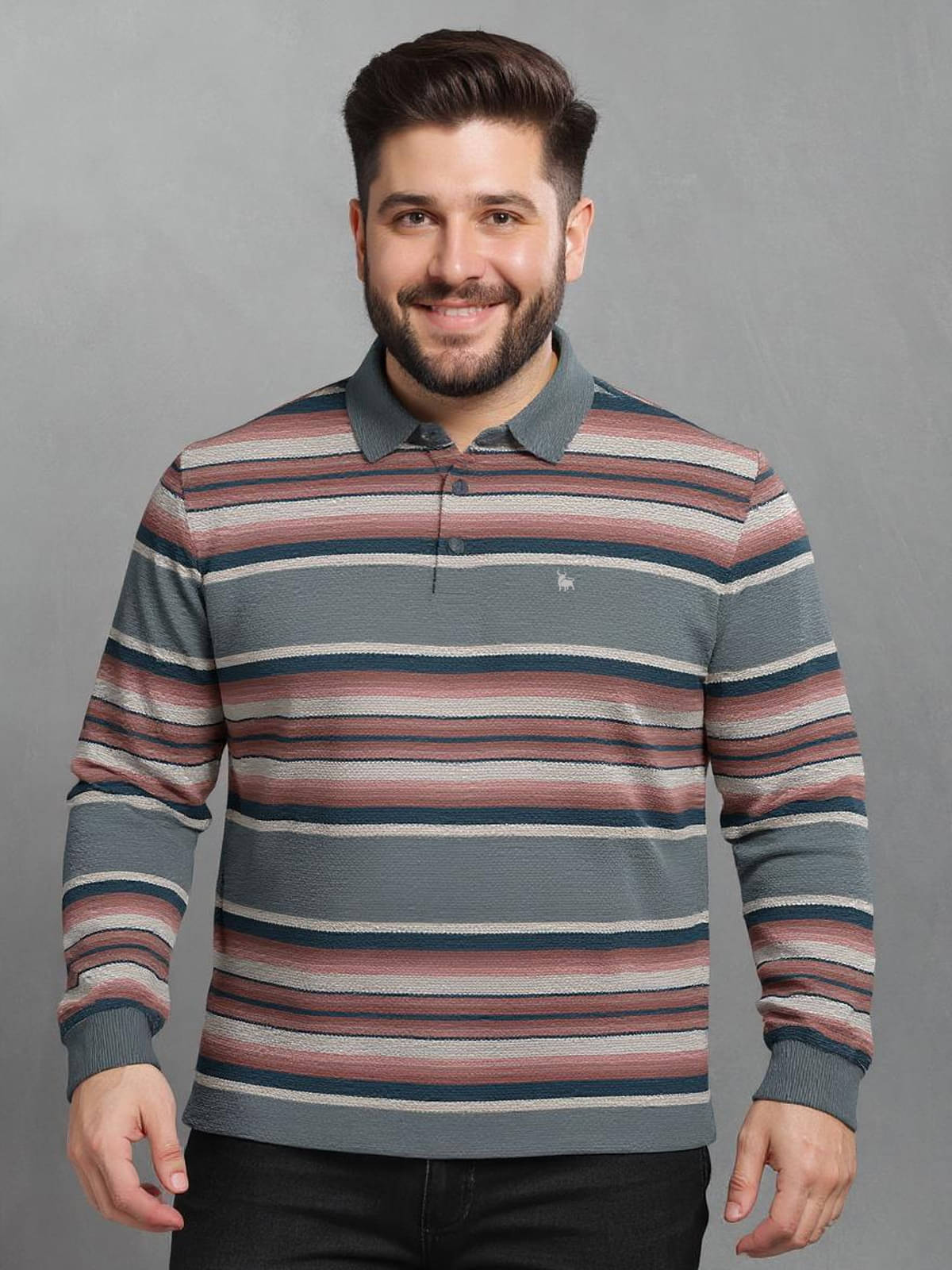     			BULLMER Men Cotton Blend Regular Fit Striped Polo T Shirt ( Grey )