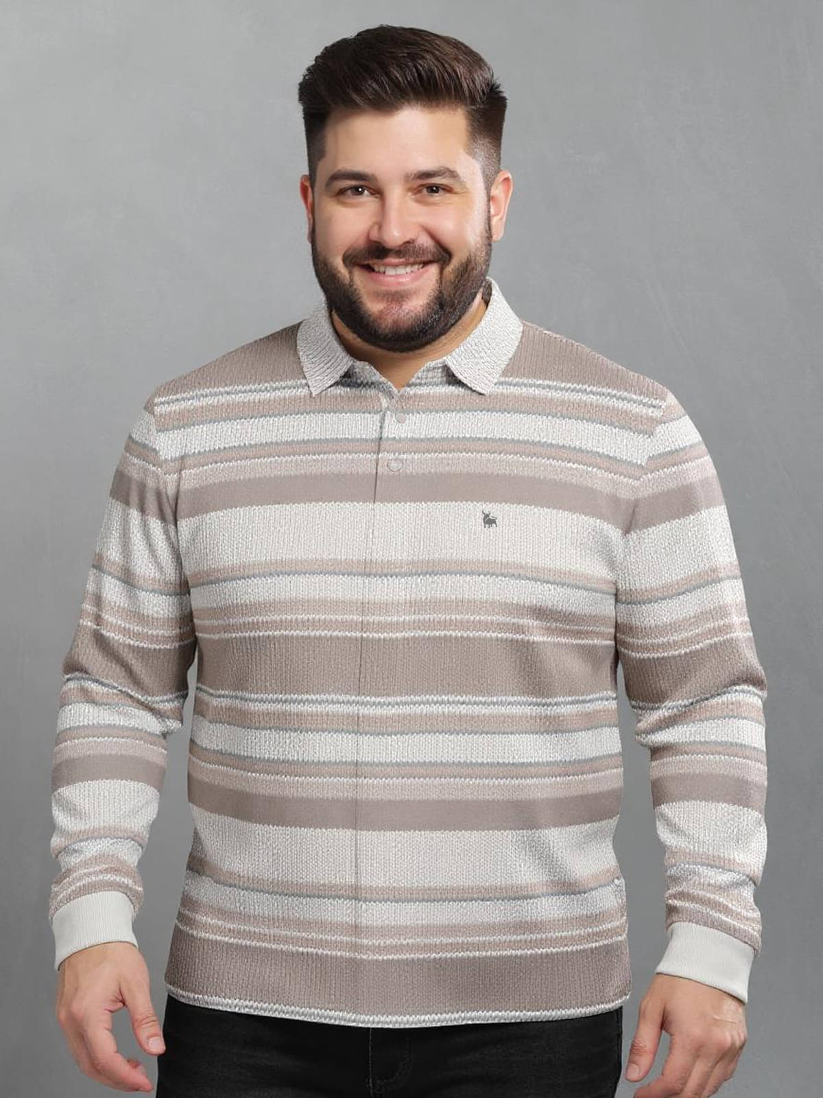 BULLMER Men Cotton Blend Regular Fit Striped Polo T Shirt ( Beige )     			BULLMER Men Cotton Blend Regular Fit Striped Polo T Shirt ( Beige )