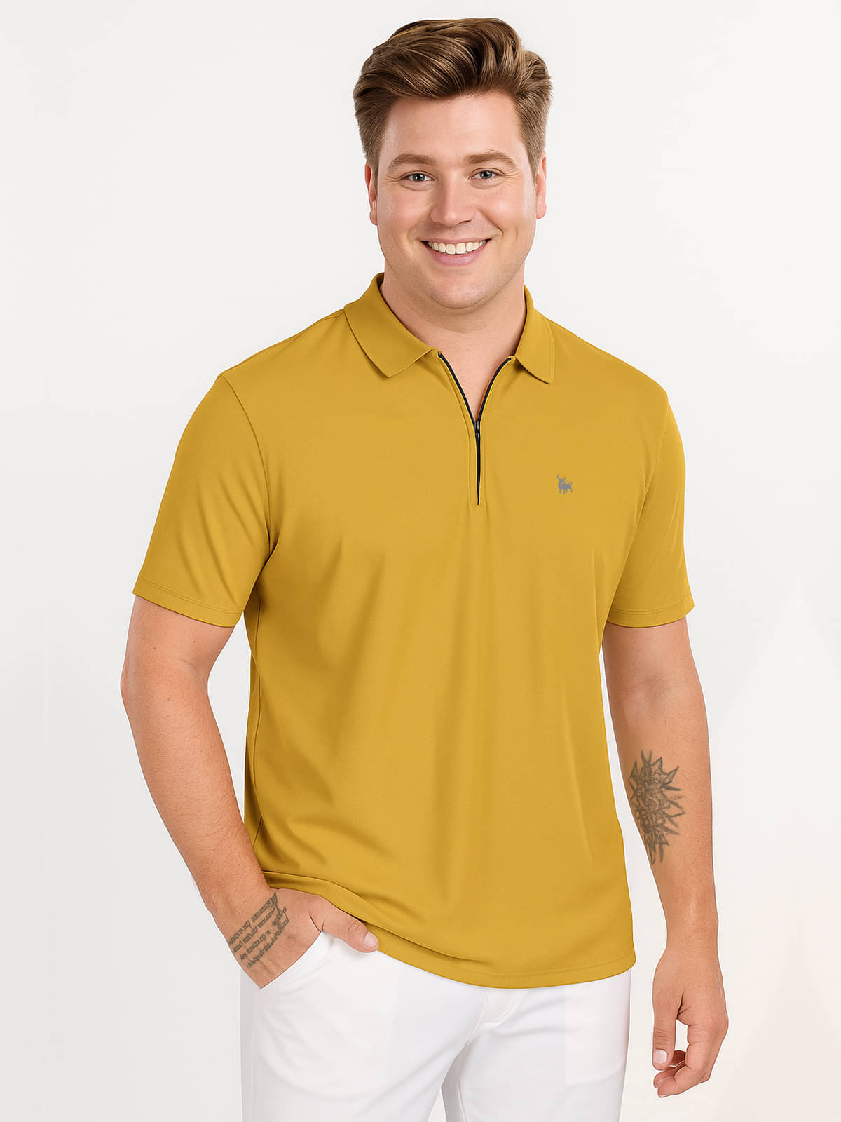 BULLMER Men Cotton Blend Regular Fit Solid Polo T Shirt ( Mustard ) BULLMER Men Cotton Blend Regular Fit Solid Polo T Shirt ( Mustard )