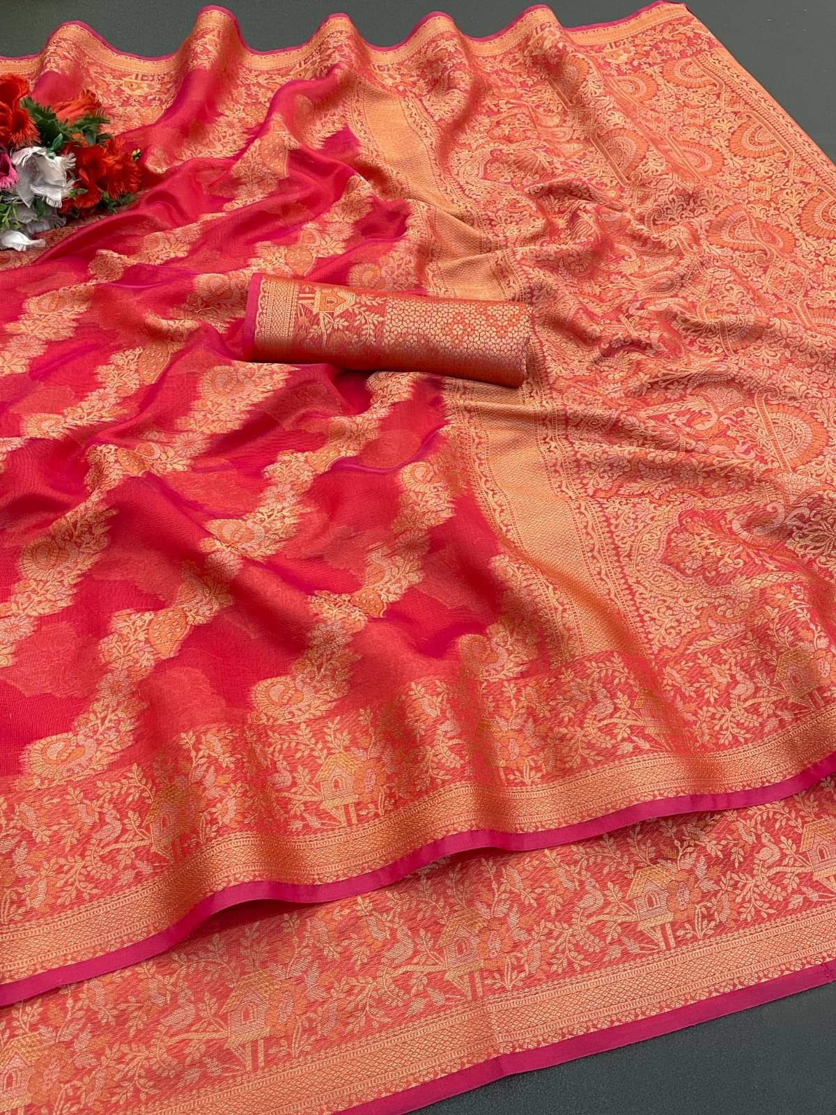     			INDIAN SILKS Organza Printed Regular Saree With Unstitched Blouse Piece ( Red )