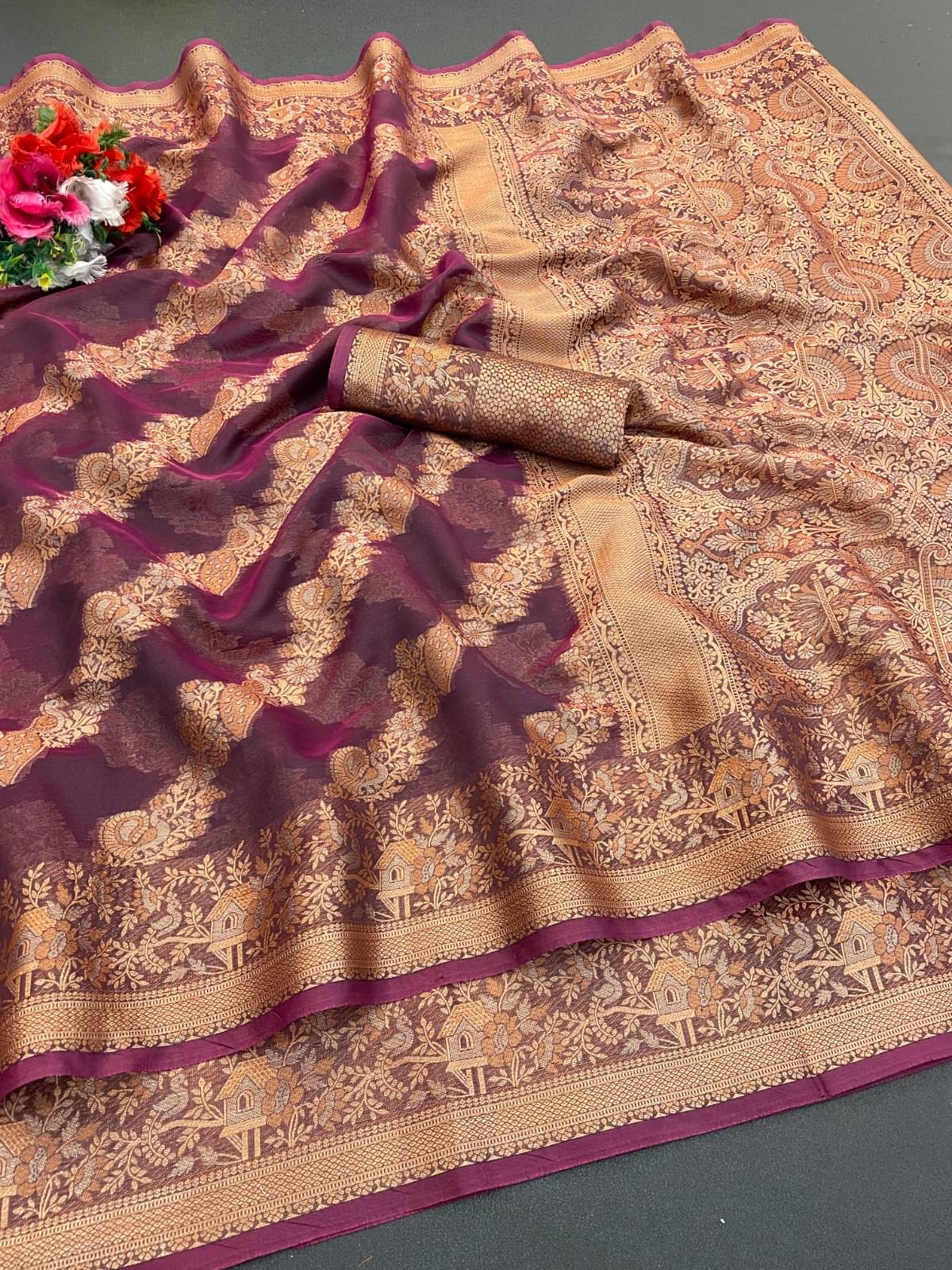     			INDIAN SILKS Organza Printed Regular Saree With Unstitched Blouse Piece ( Wine )