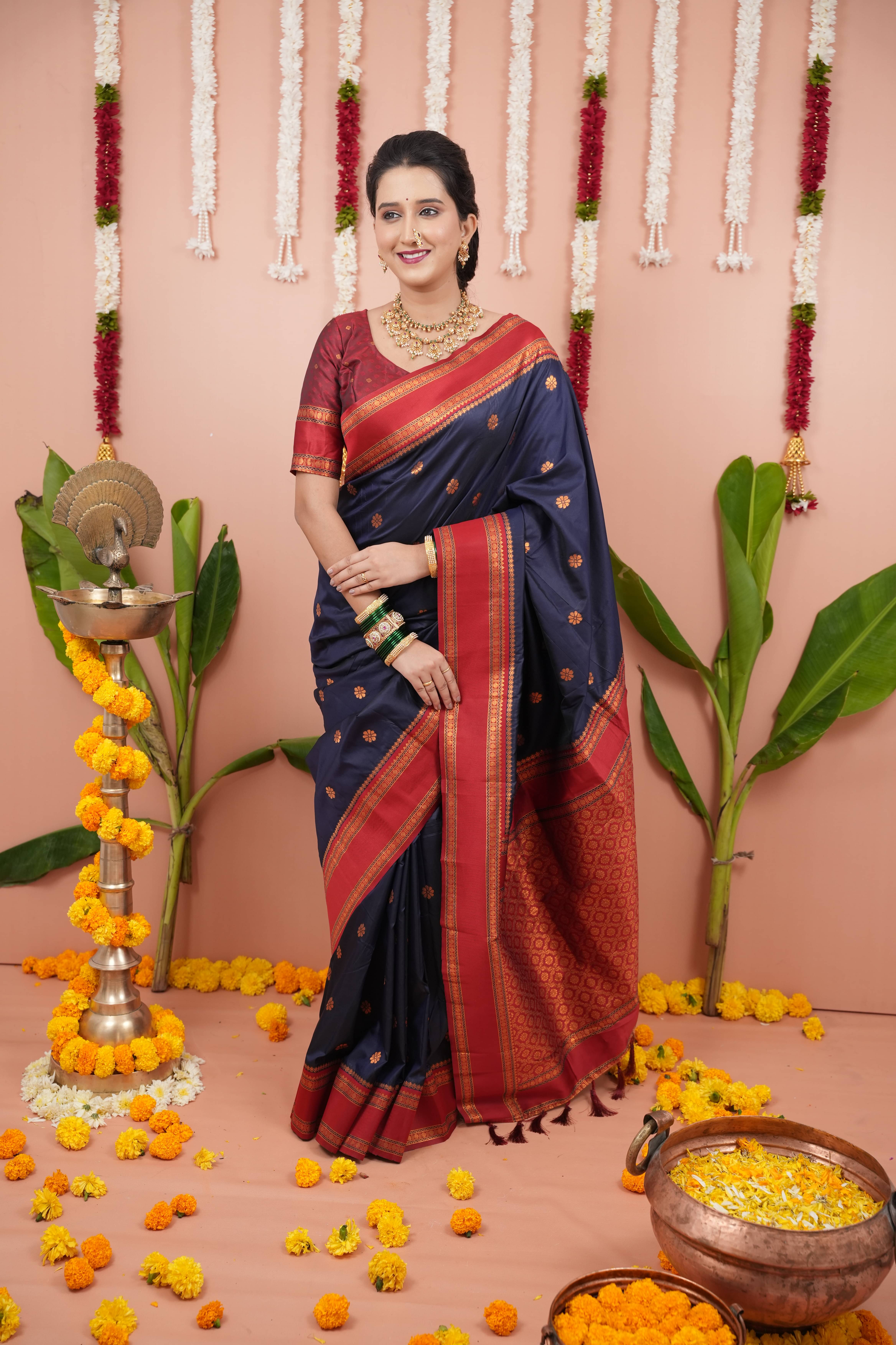     			INDIAN SILKS Viscose Printed Banarasi saree With Unstitched Blouse Piece ( Navy Blue )