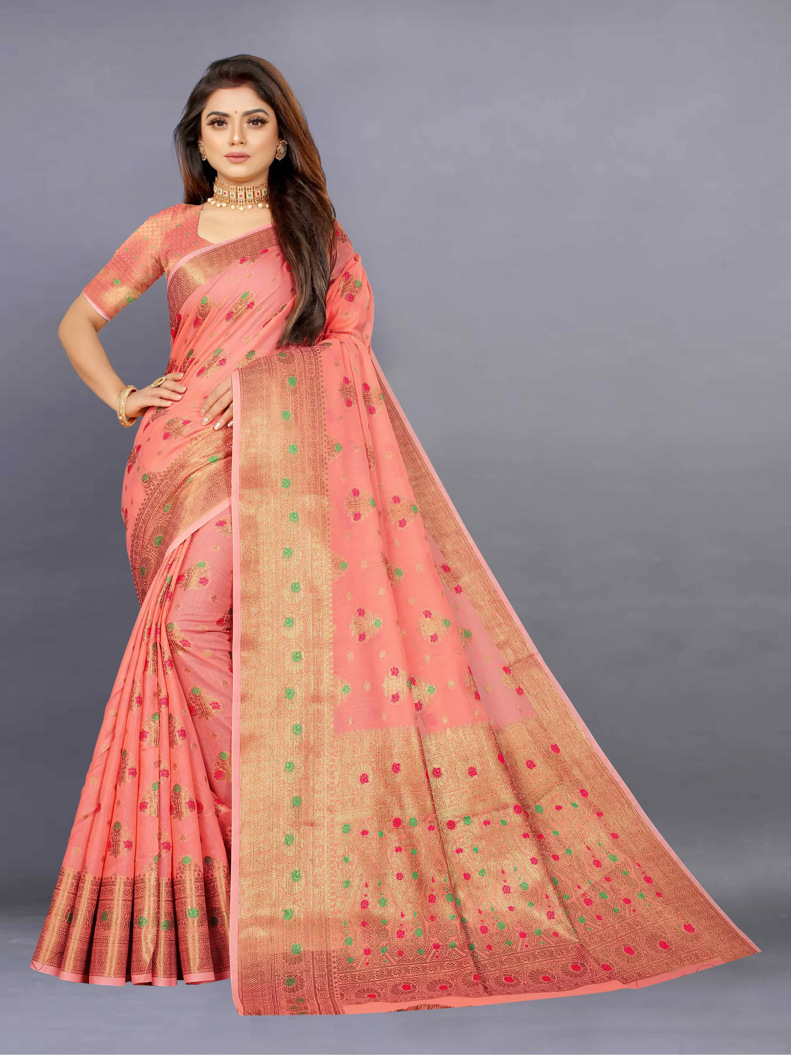    			INDIAN SILKS Viscose Printed Banarasi saree With Unstitched Blouse Piece ( Rose Gold )