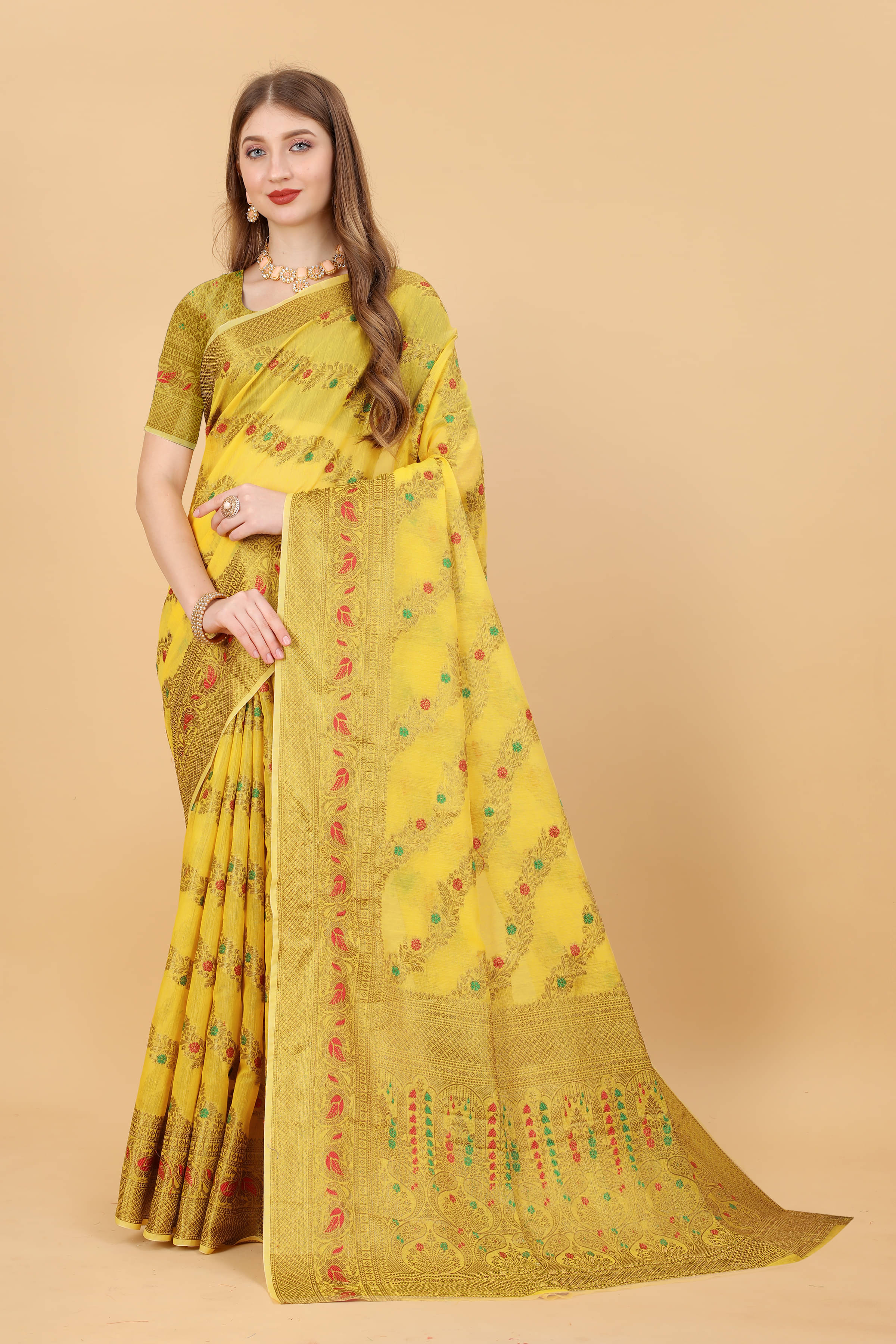     			INDIAN SILKS Viscose Printed Banarasi saree With Unstitched Blouse Piece ( Yellow )