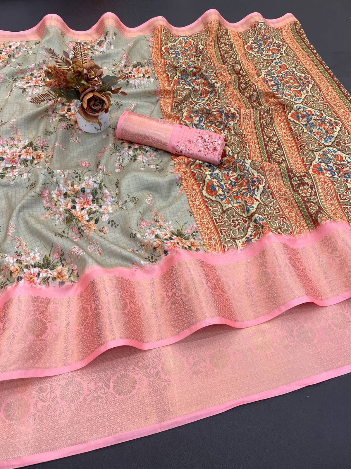 INDIAN SILKS Viscose Printed Banarasi saree With Unstitched Blouse Piece ( Light Grey ) INDIAN SILKS Viscose Printed Banarasi saree With Unstitched Blouse Piece ( Light Grey )