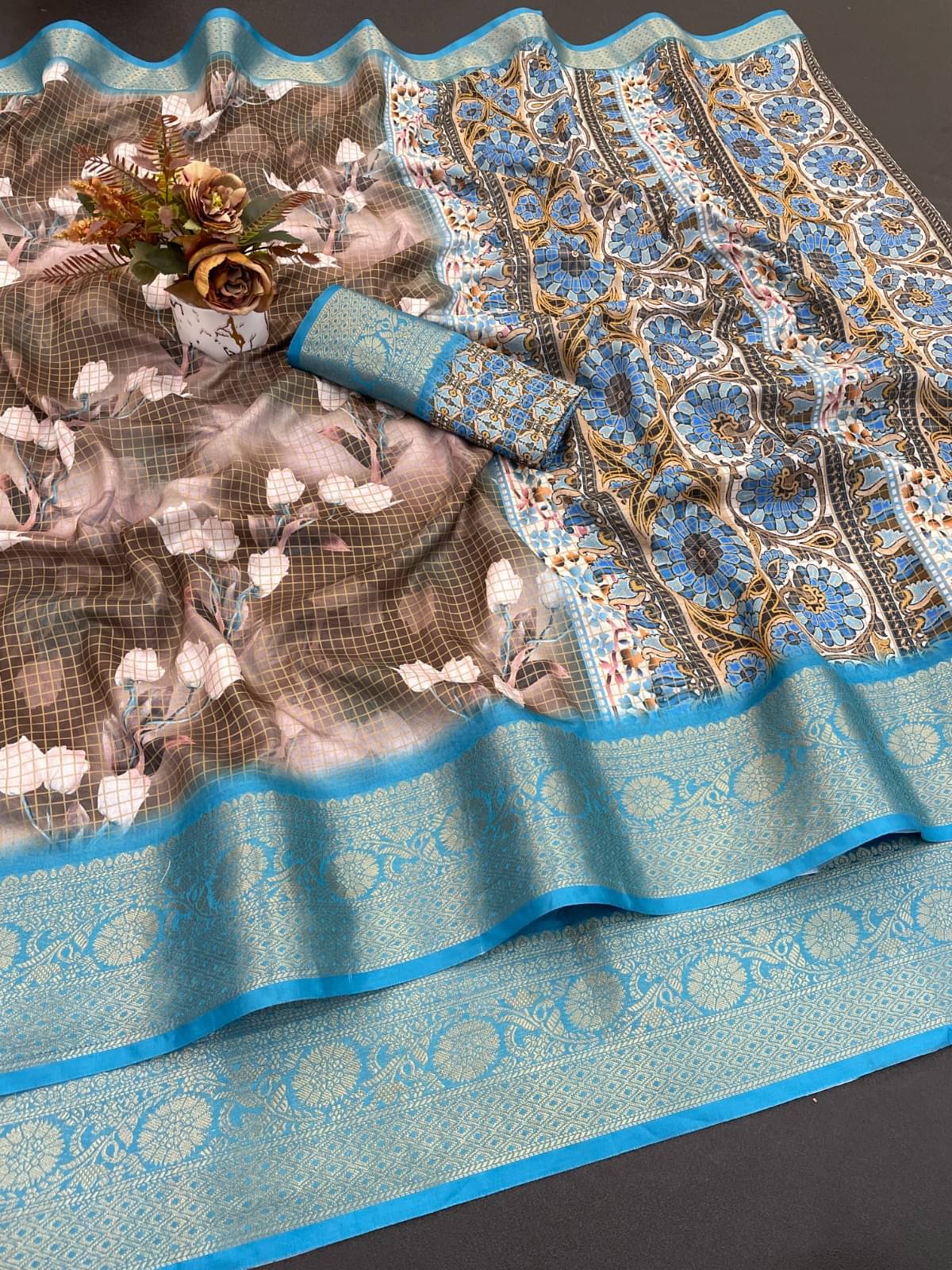     			INDIAN SILKS Viscose Printed Banarasi saree With Unstitched Blouse Piece ( Blue )