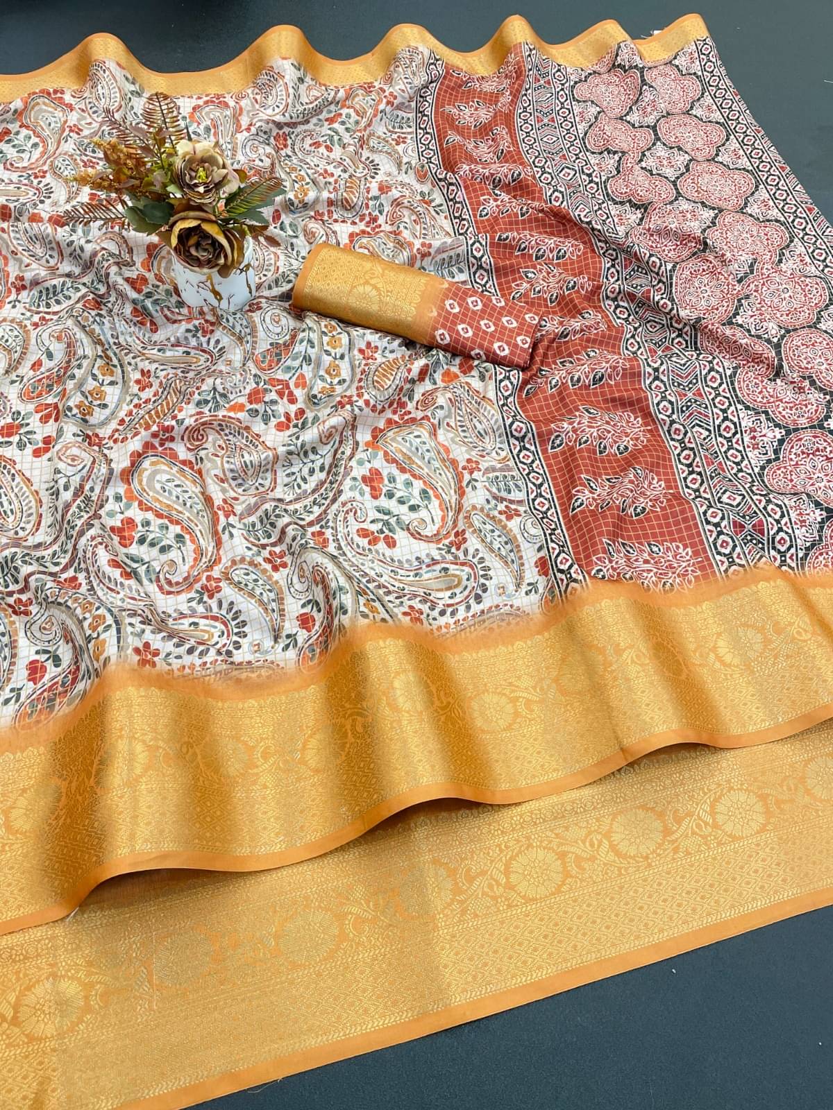     			INDIAN SILKS Viscose Printed Banarasi saree With Unstitched Blouse Piece ( Yellow )