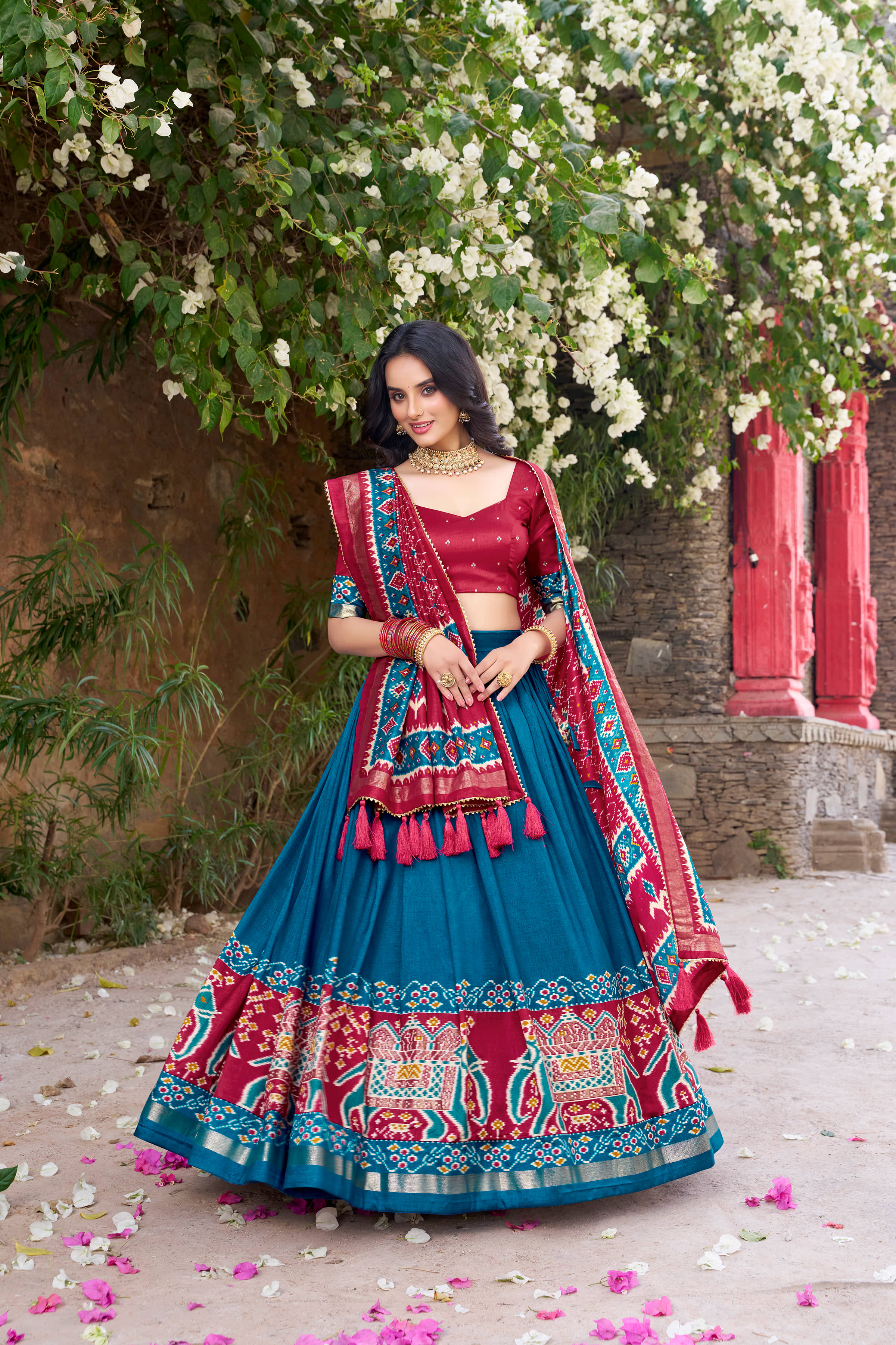 INDIAN SILKS Women Tussar Silk Flared Semi Stitched Lehenga Choli ( Blue )