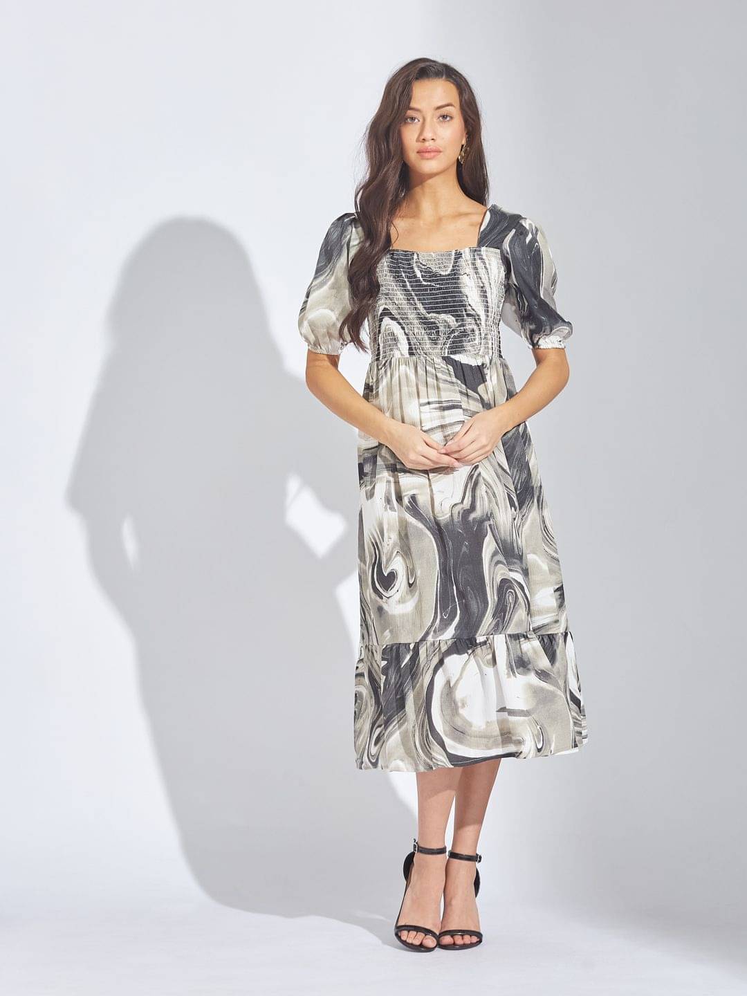     			JustHer Women Crepe Printed Fit & Flare Dress ( White )