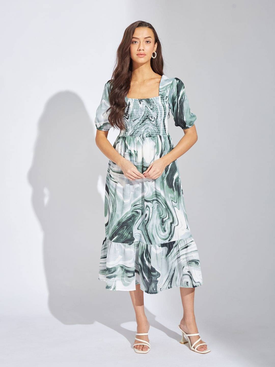 JustHer Women Crepe Printed Fit & Flare Dress ( White ) JustHer Women Crepe Printed Fit & Flare Dress ( White )