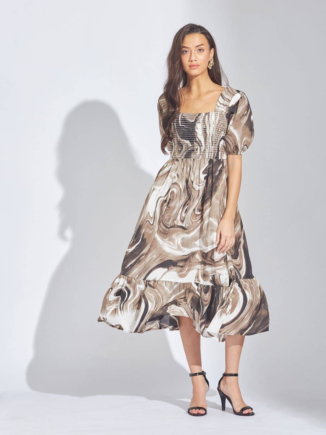     			JustHer Women Crepe Printed Fit & Flare Dress ( White )