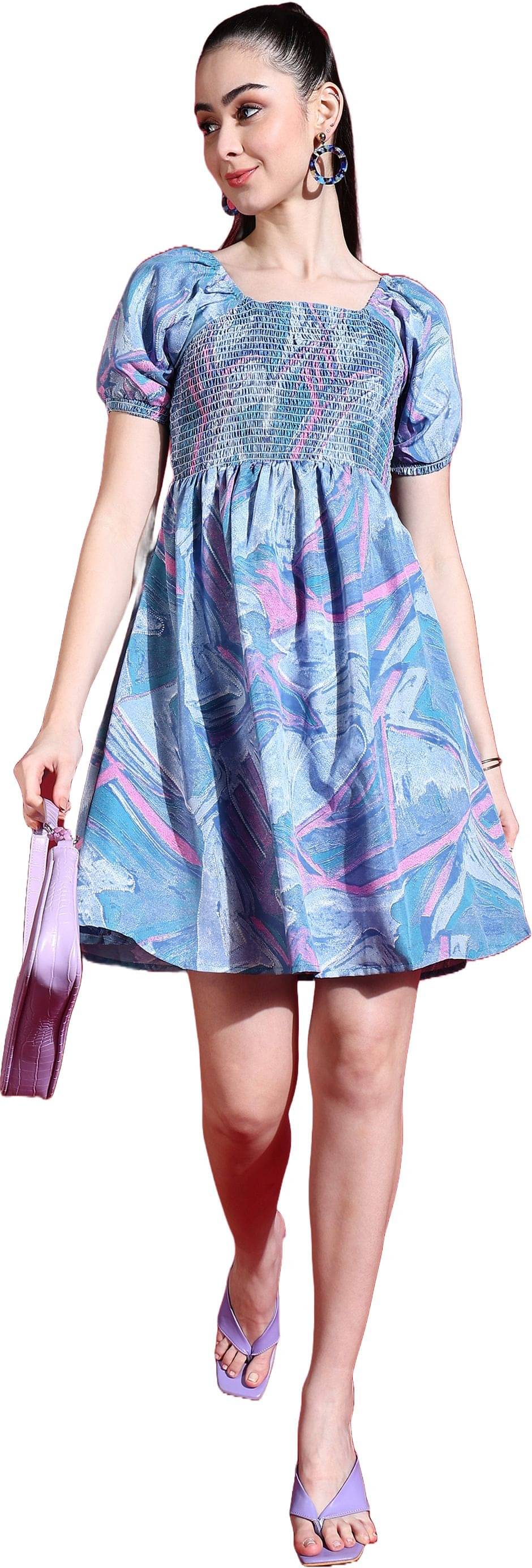 JustHer Women Polyester Printed Fit & Flare Dress ( Blue ) JustHer Women Polyester Printed Fit & Flare Dress ( Blue )