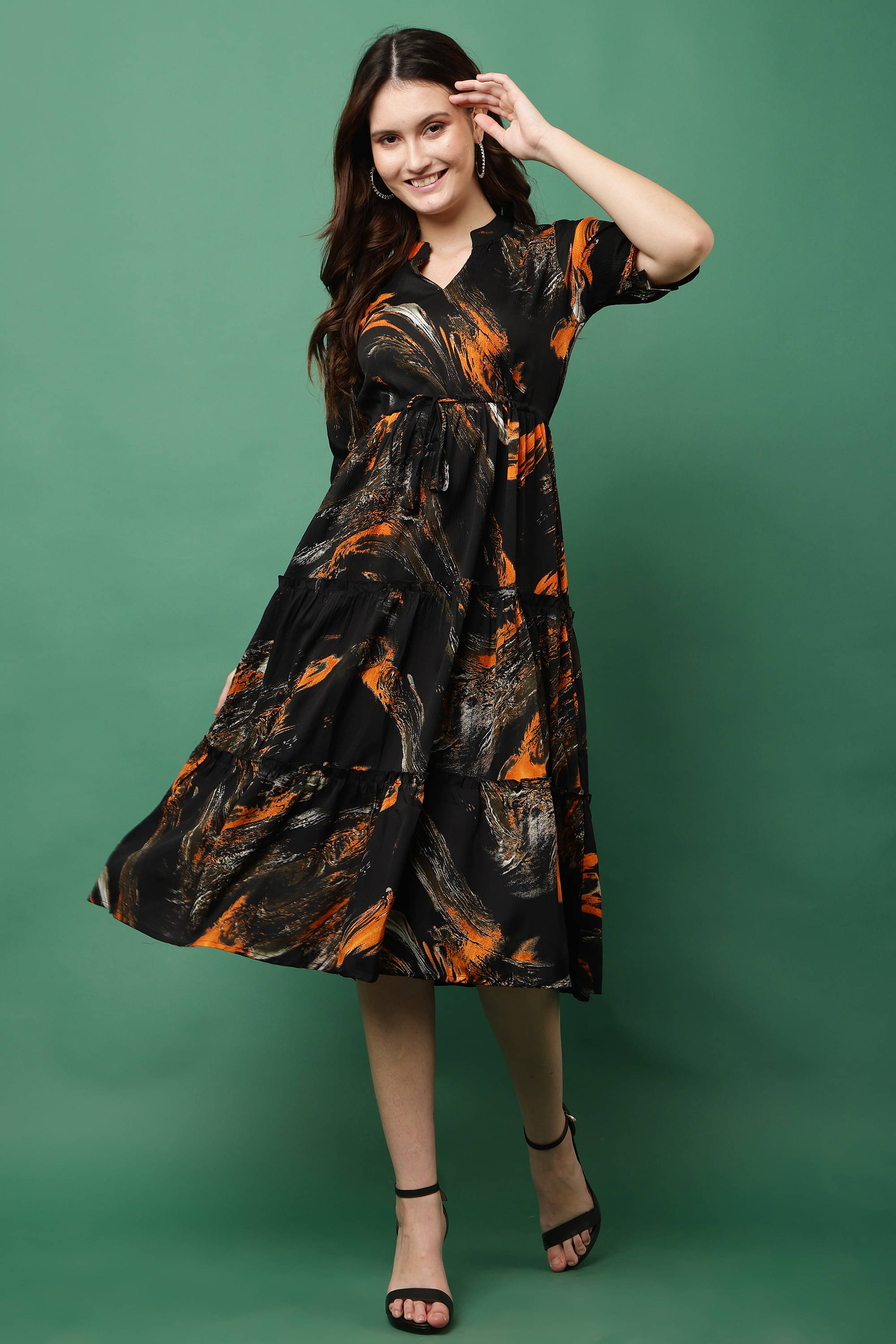 JustHer Women Polyester Printed Fit & Flare Dress ( Black )     			JustHer Women Polyester Printed Fit & Flare Dress ( Black )