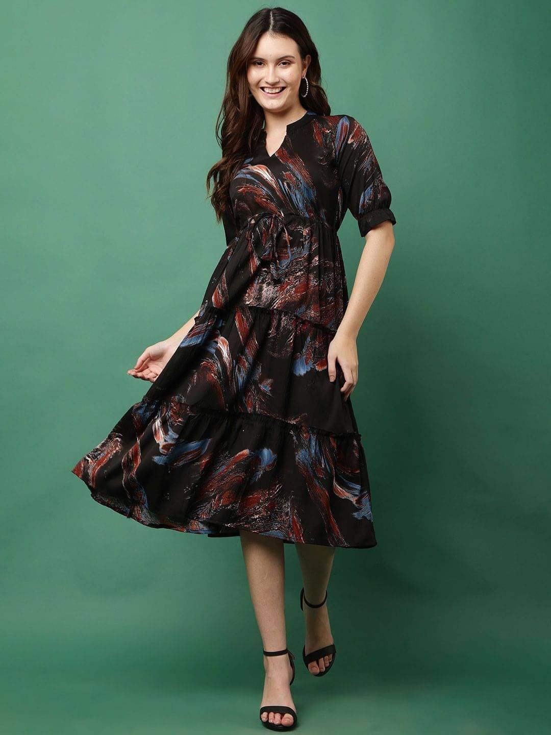     			JustHer Women Polyester Printed Fit & Flare Dress ( Black )
