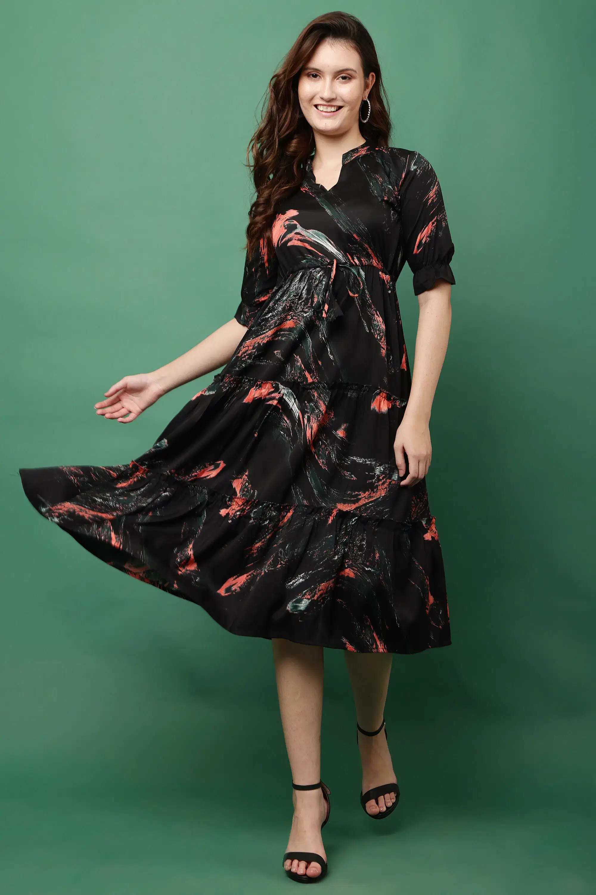 JustHer Women Polyester Printed Fit & Flare Dress ( Black ) JustHer Women Polyester Printed Fit & Flare Dress ( Black )