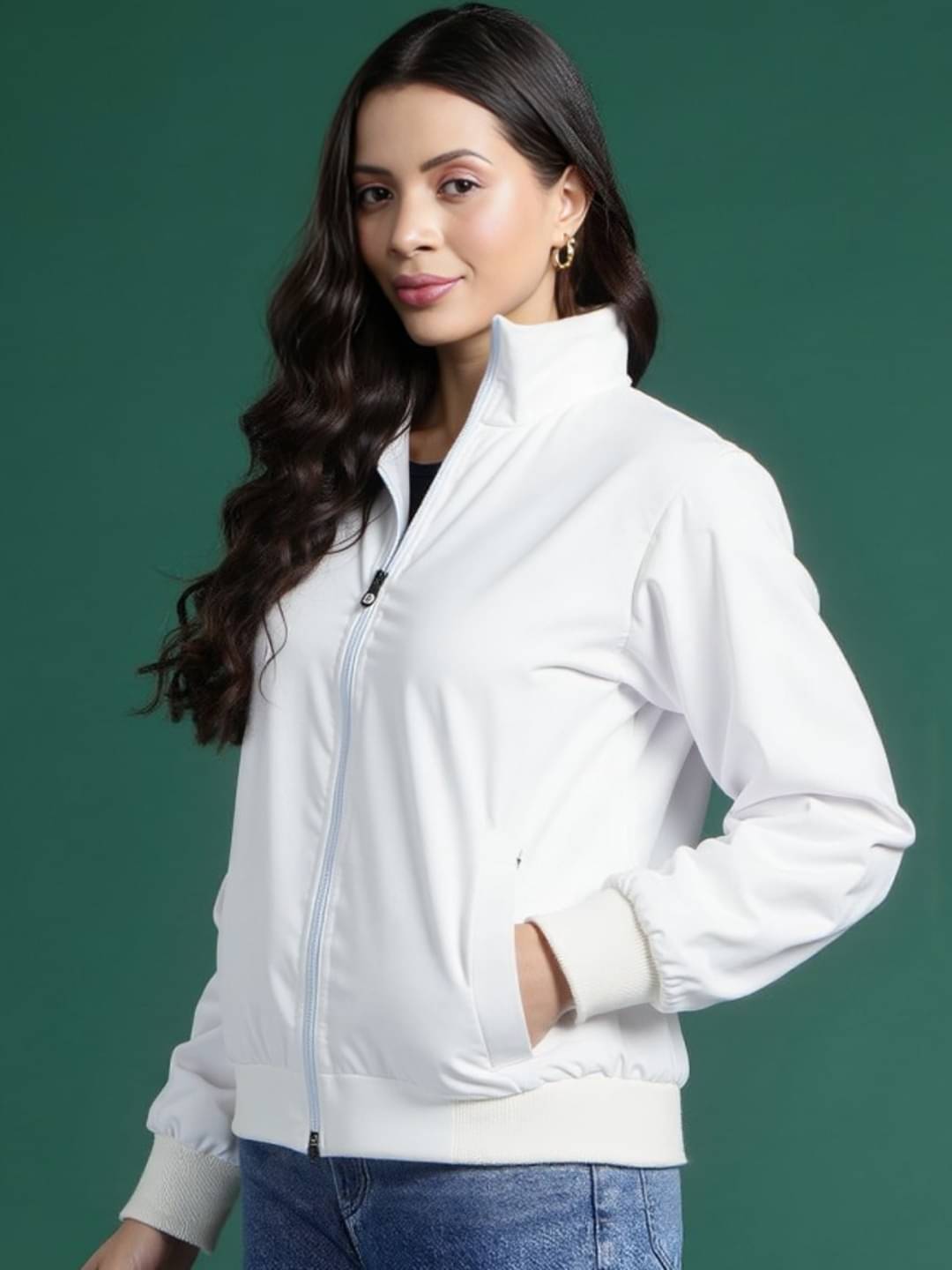    			MAYKR - Polyester Blend White Bomber Jackets Pack of 1