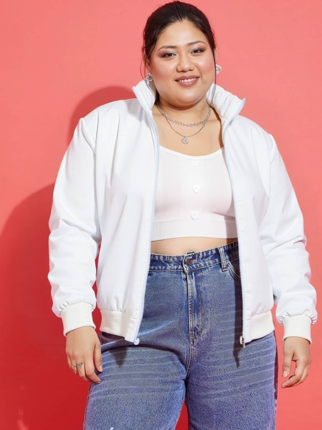     			MAYKR - Polyester Blend White Bomber Jackets Pack of 1