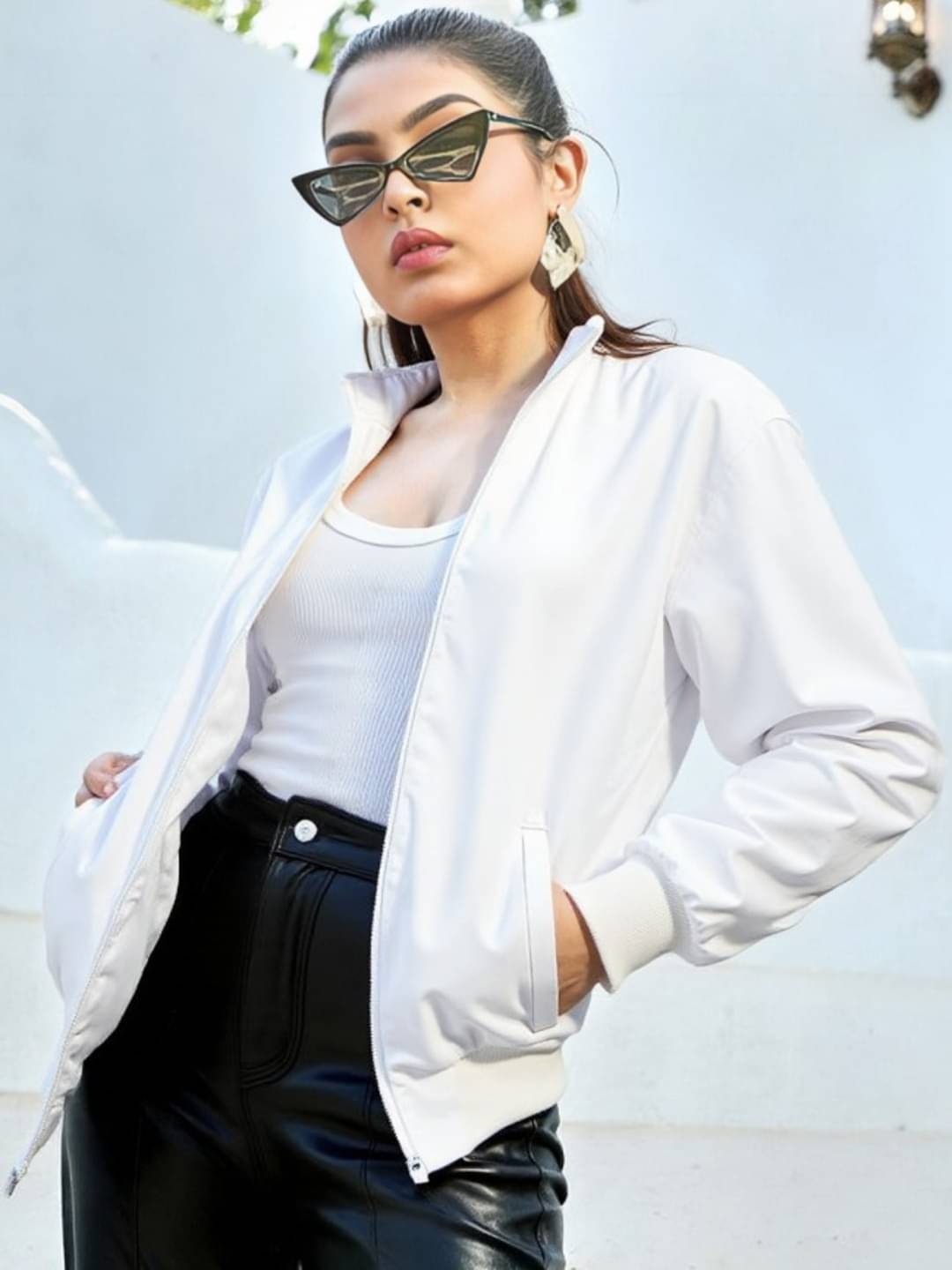     			MAYKR - Polyester Blend White Bomber Jackets Pack of 1