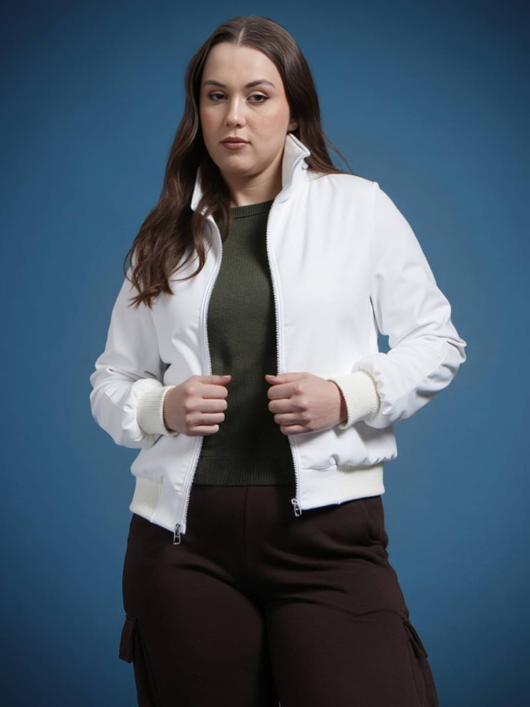     			MAYKR - Polyester Blend White Bomber Jackets Pack of 1