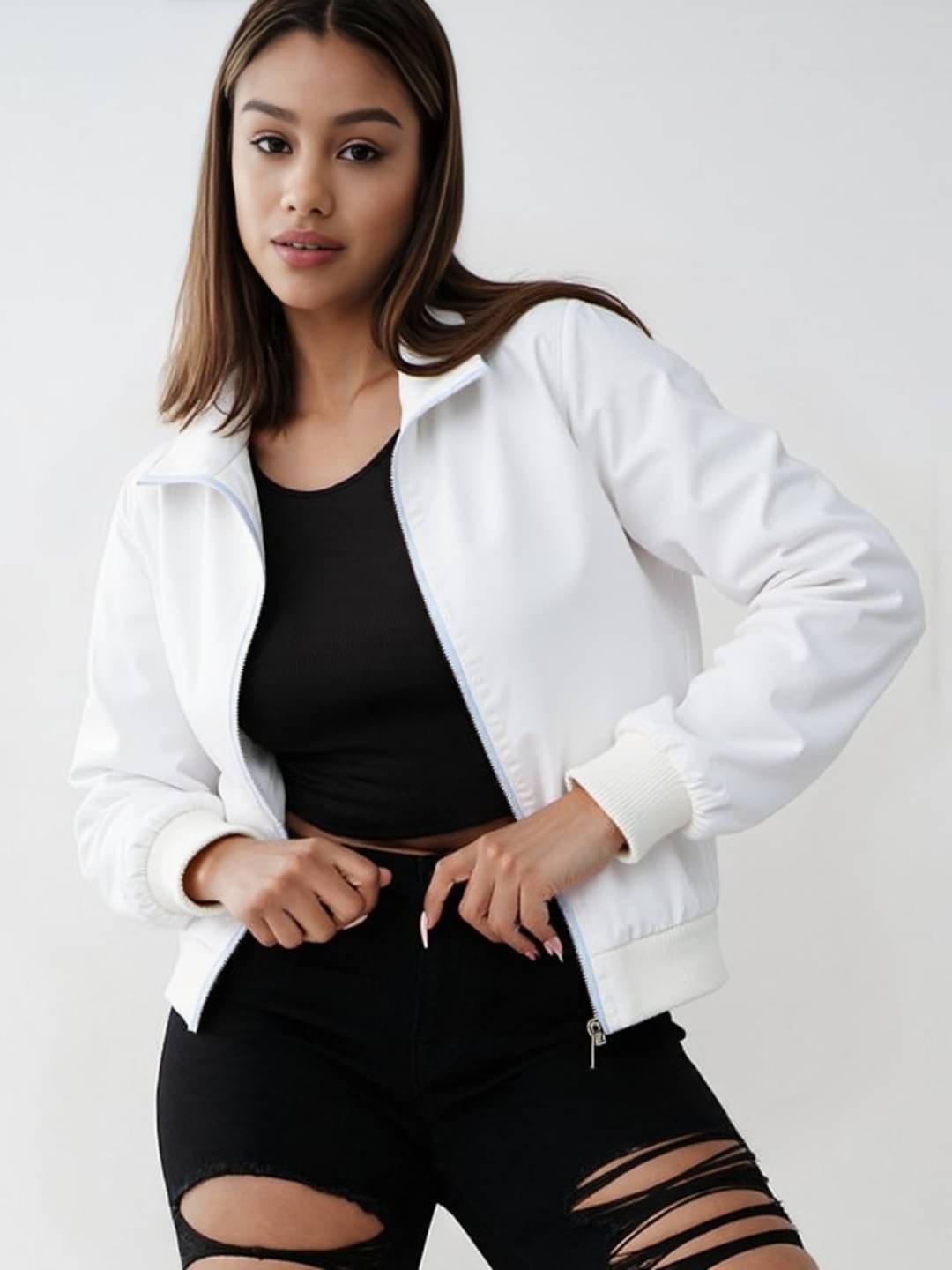     			MAYKR - Polyester Blend White Bomber Jackets Pack of 1