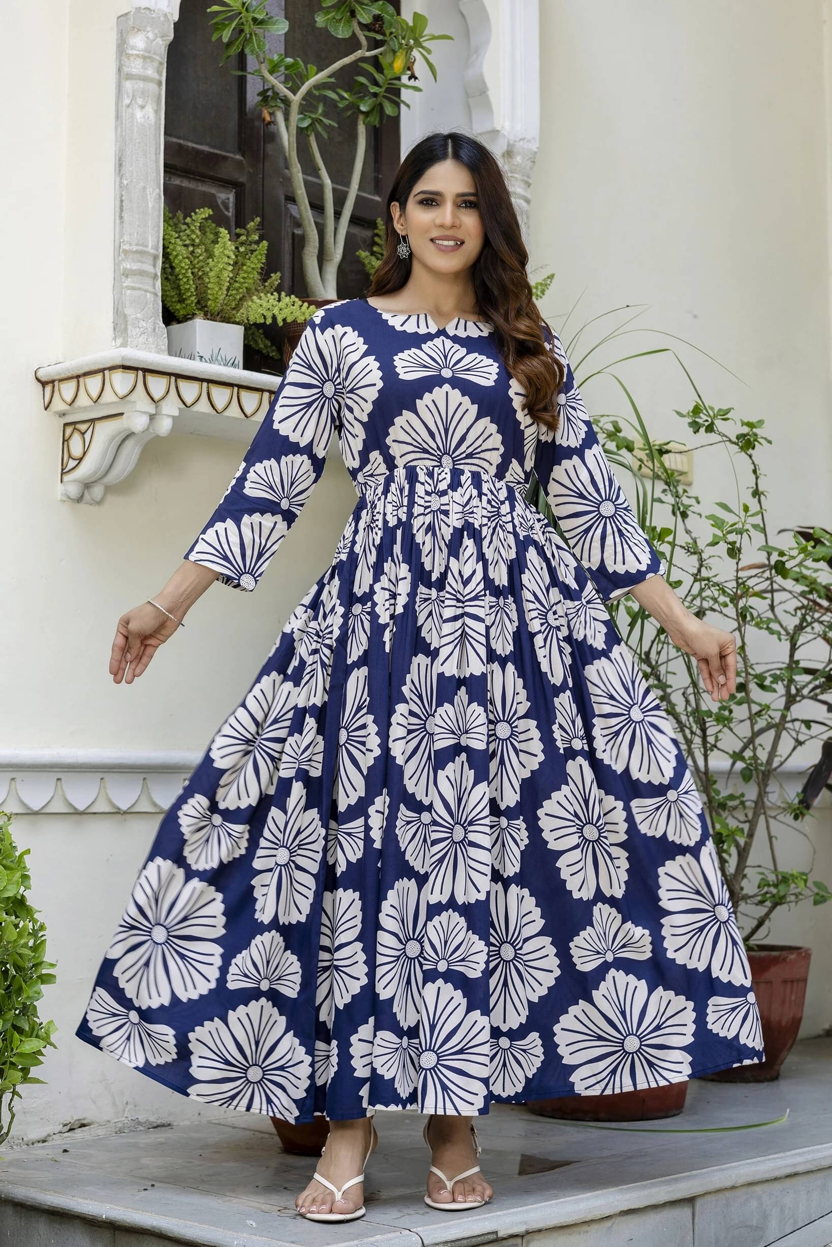     			Purshottam Wala Women Viscose Rayon Printed Fit & Flare Dress ( Blue )