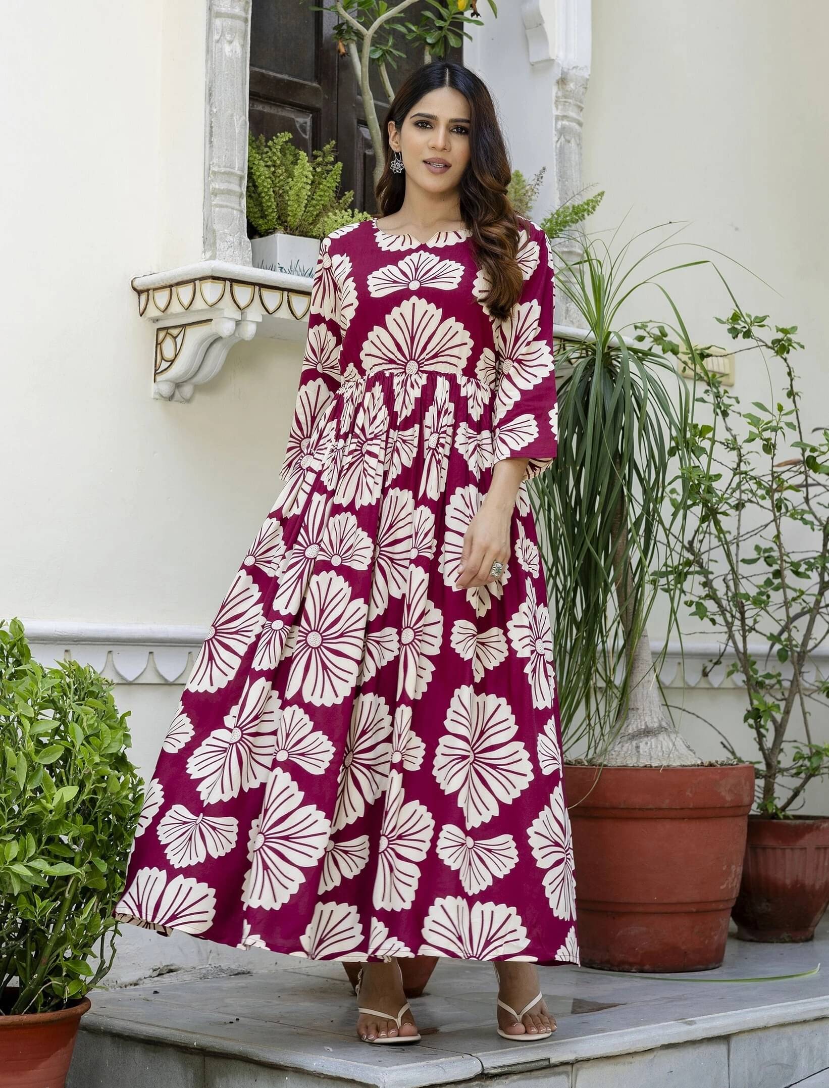     			Purshottam Wala Women Viscose Rayon Printed Fit & Flare Dress ( Maroon )
