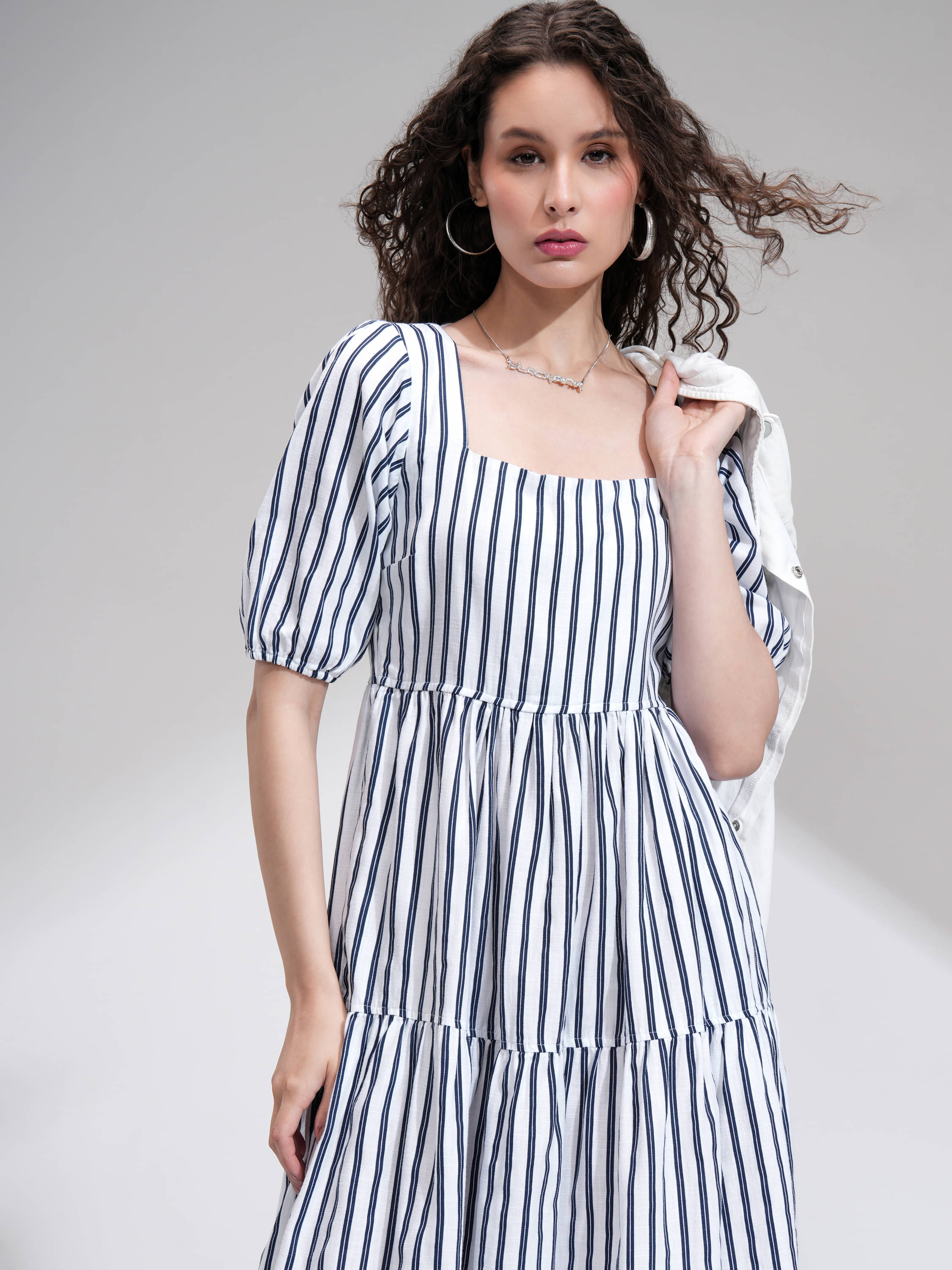    			Tokyo Talkies Women Cotton Striped Fit & Flare Dress ( White )