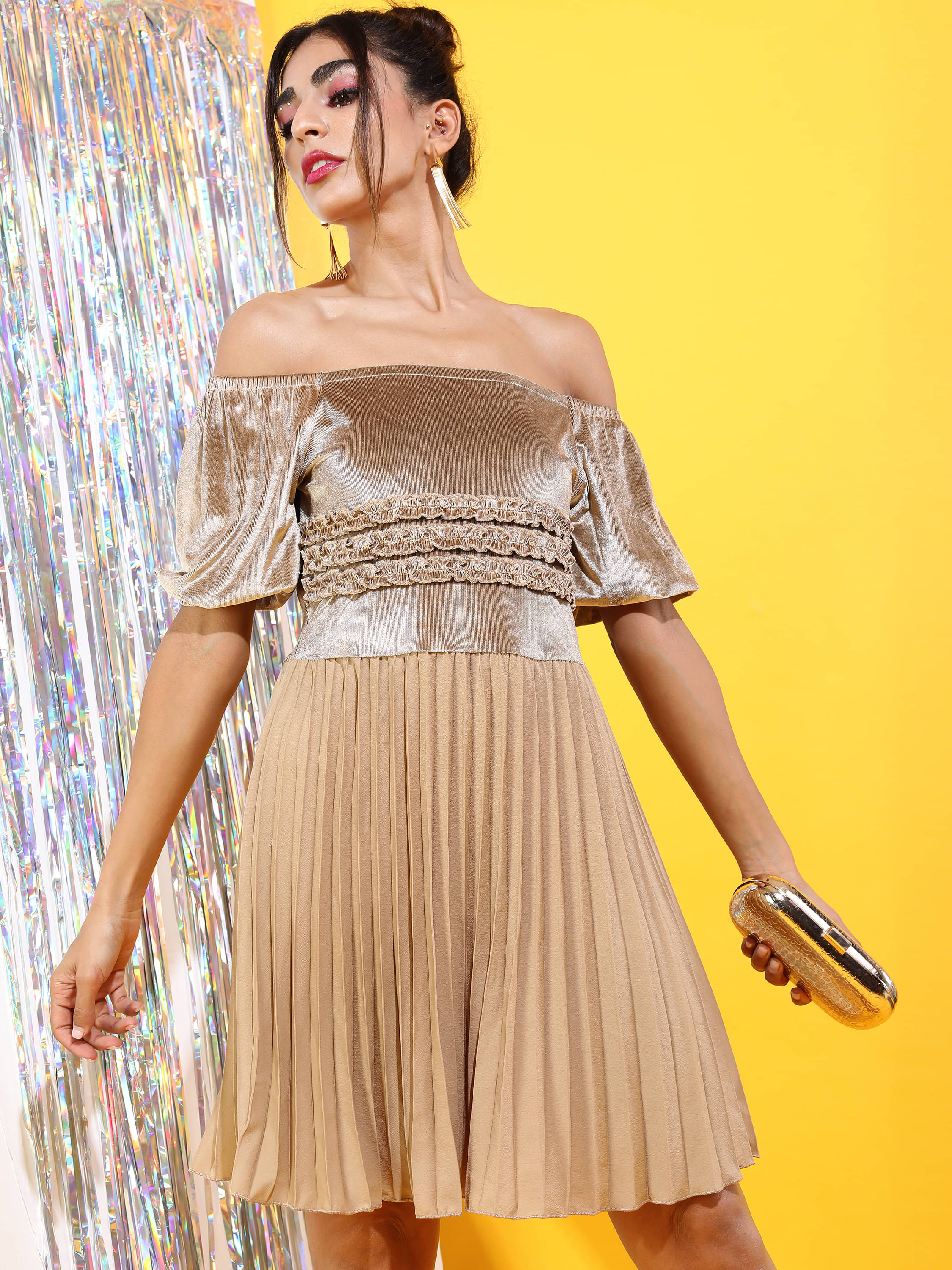     			Tokyo Talkies Women Polyester Blend Solid Fit & Flare Dress ( Gold )