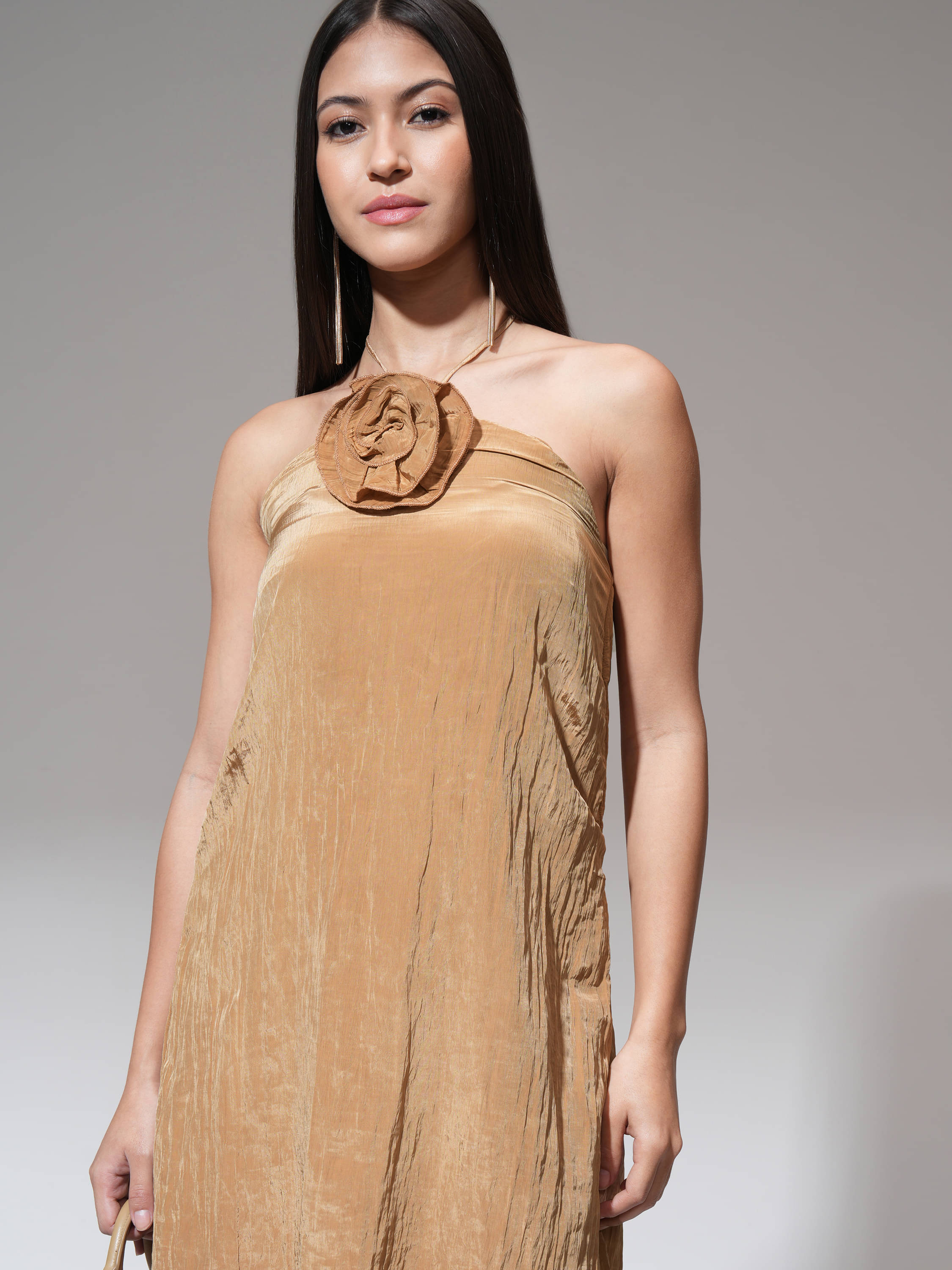 Tokyo Talkies Women Polyester Blend Solid A-line Dress ( Brown )     			Tokyo Talkies Women Polyester Blend Solid A-line Dress ( Brown )