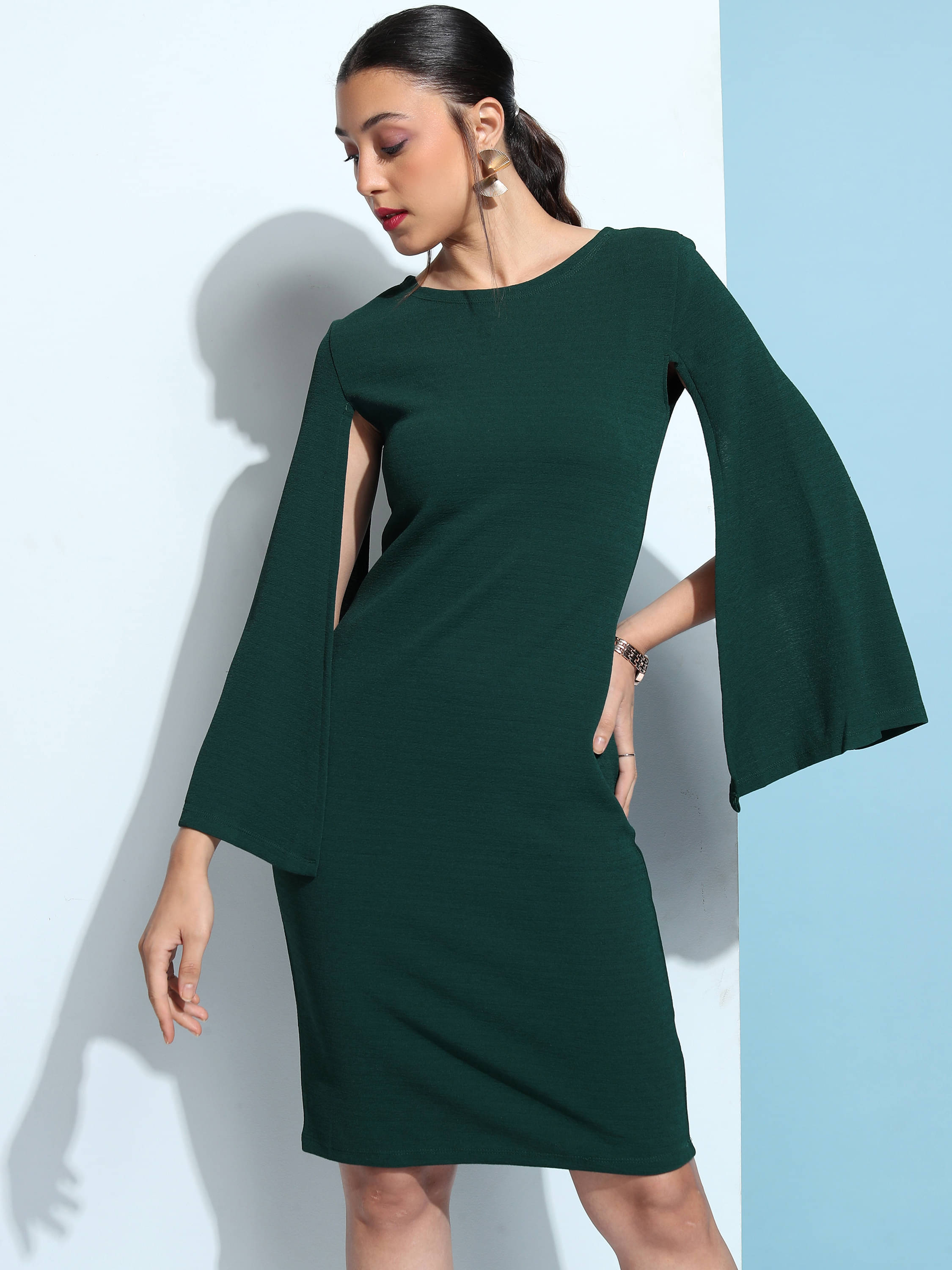 Tokyo Talkies Women Polyester Blend Solid Bodycon Dress ( Green )     			Tokyo Talkies Women Polyester Blend Solid Bodycon Dress ( Green )