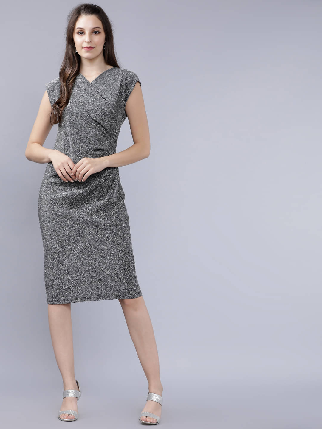     			Tokyo Talkies Women Polyester Blend Solid Wrap Dress ( Silver )