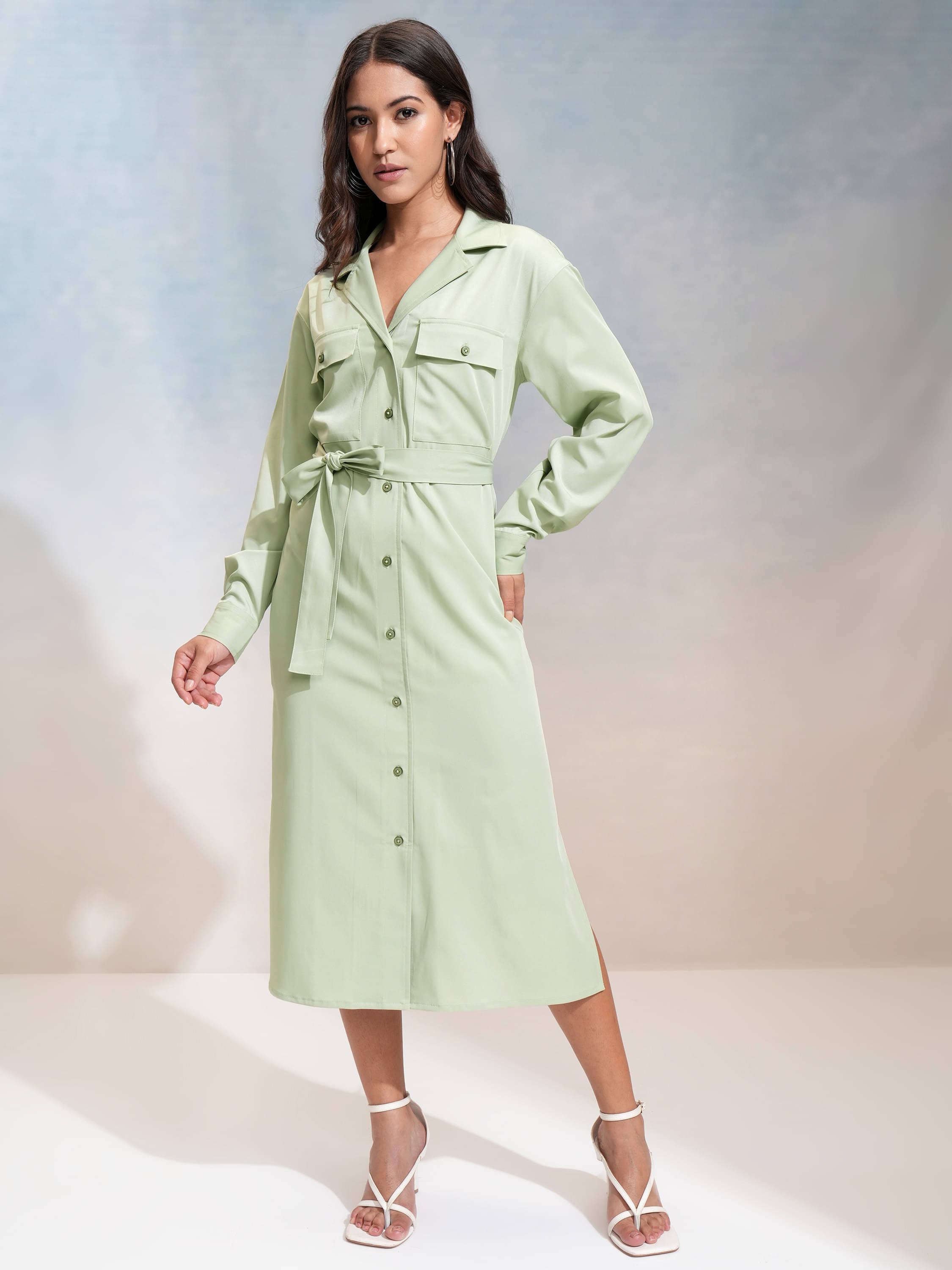 Tokyo Talkies Women Polyester Blend Solid Shirt Dress ( Green )     			Tokyo Talkies Women Polyester Blend Solid Shirt Dress ( Green )