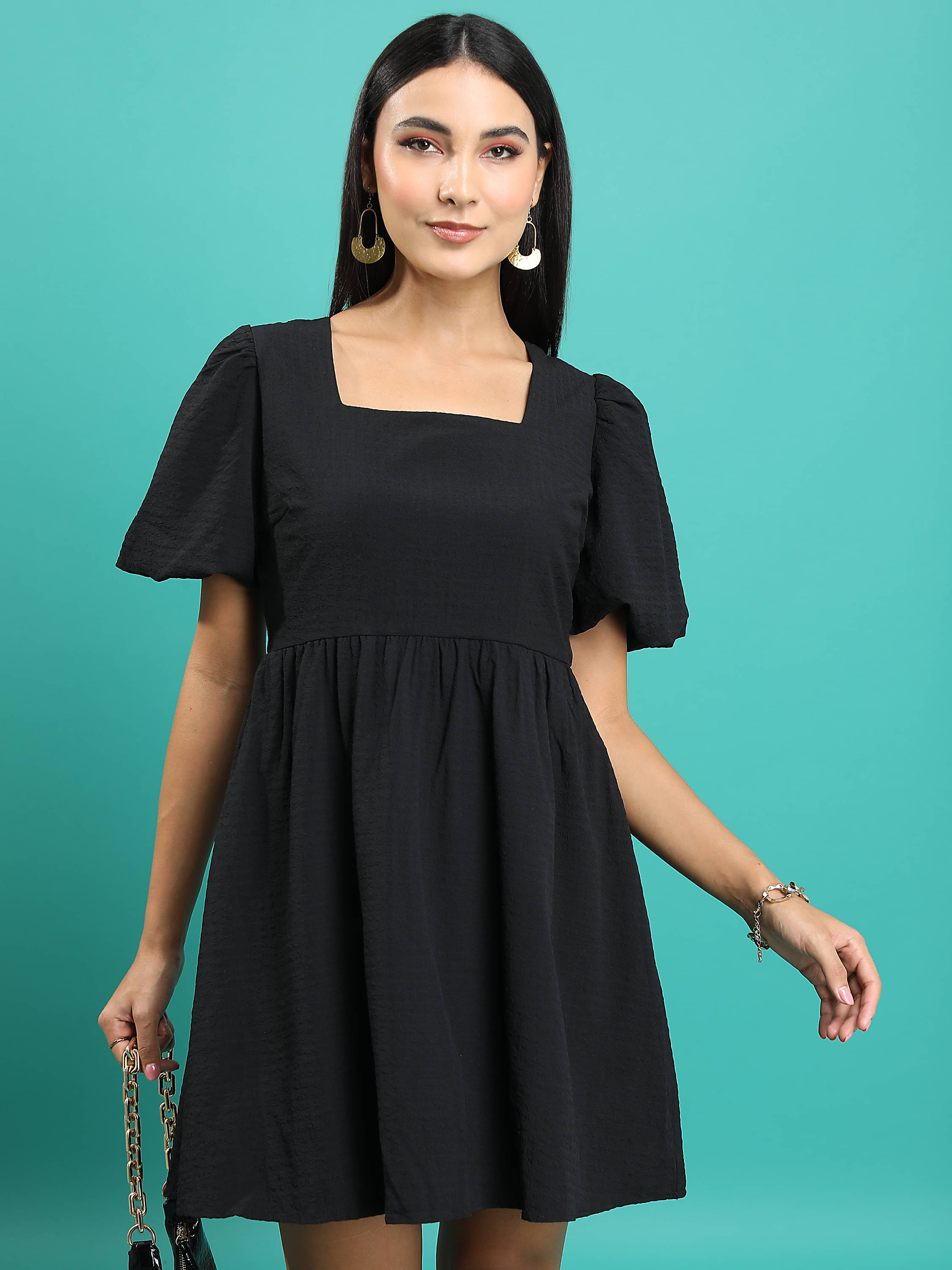     			Tokyo Talkies Women Polyester Blend Self Design A-line Dress ( Black )