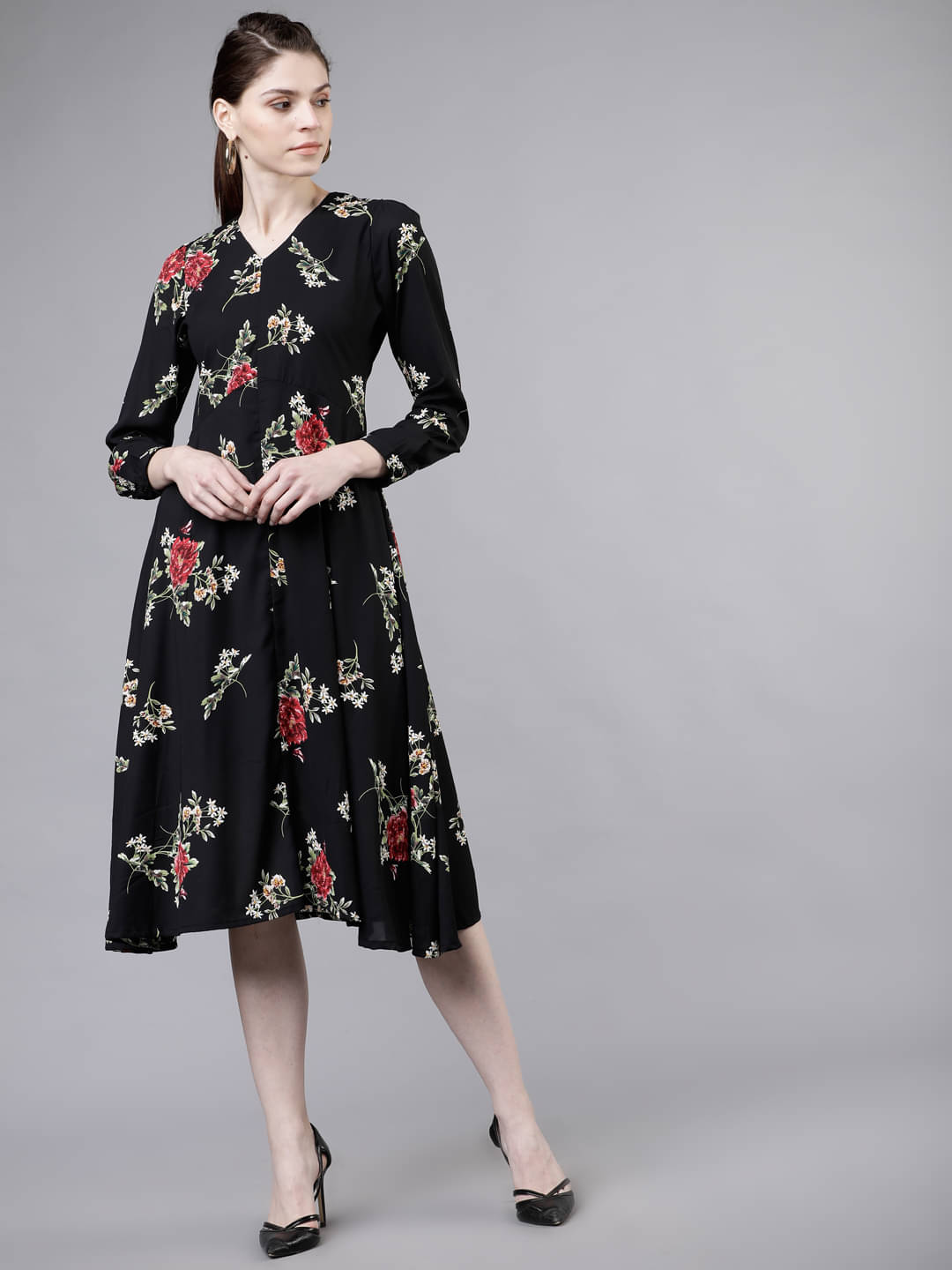 Tokyo Talkies Women Polyester Printed Fit & Flare Dress ( Black ) Tokyo Talkies Women Polyester Printed Fit & Flare Dress ( Black )