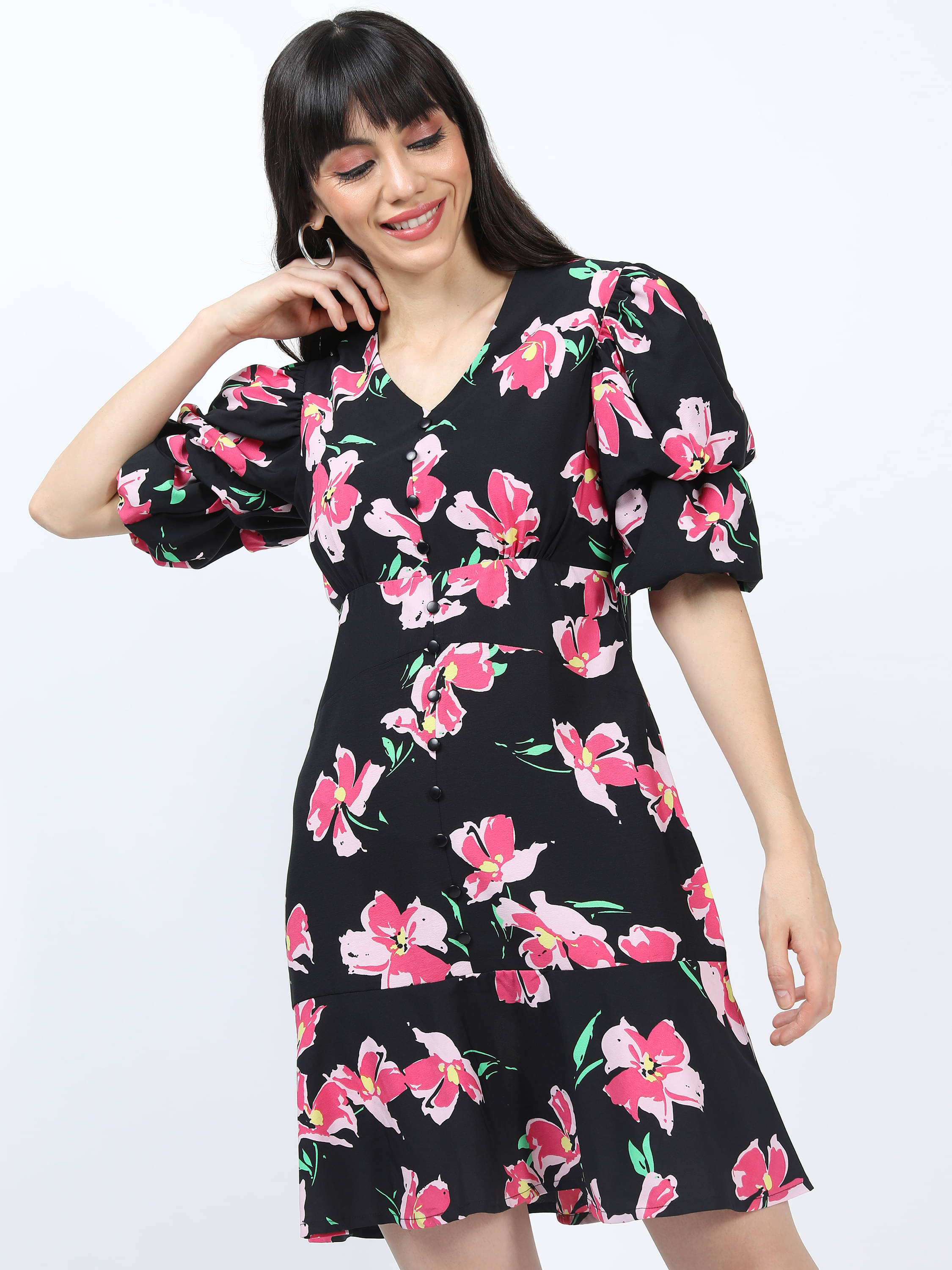 Tokyo Talkies Women Polyester Printed Peplum Dress ( Black )     			Tokyo Talkies Women Polyester Printed Peplum Dress ( Black )