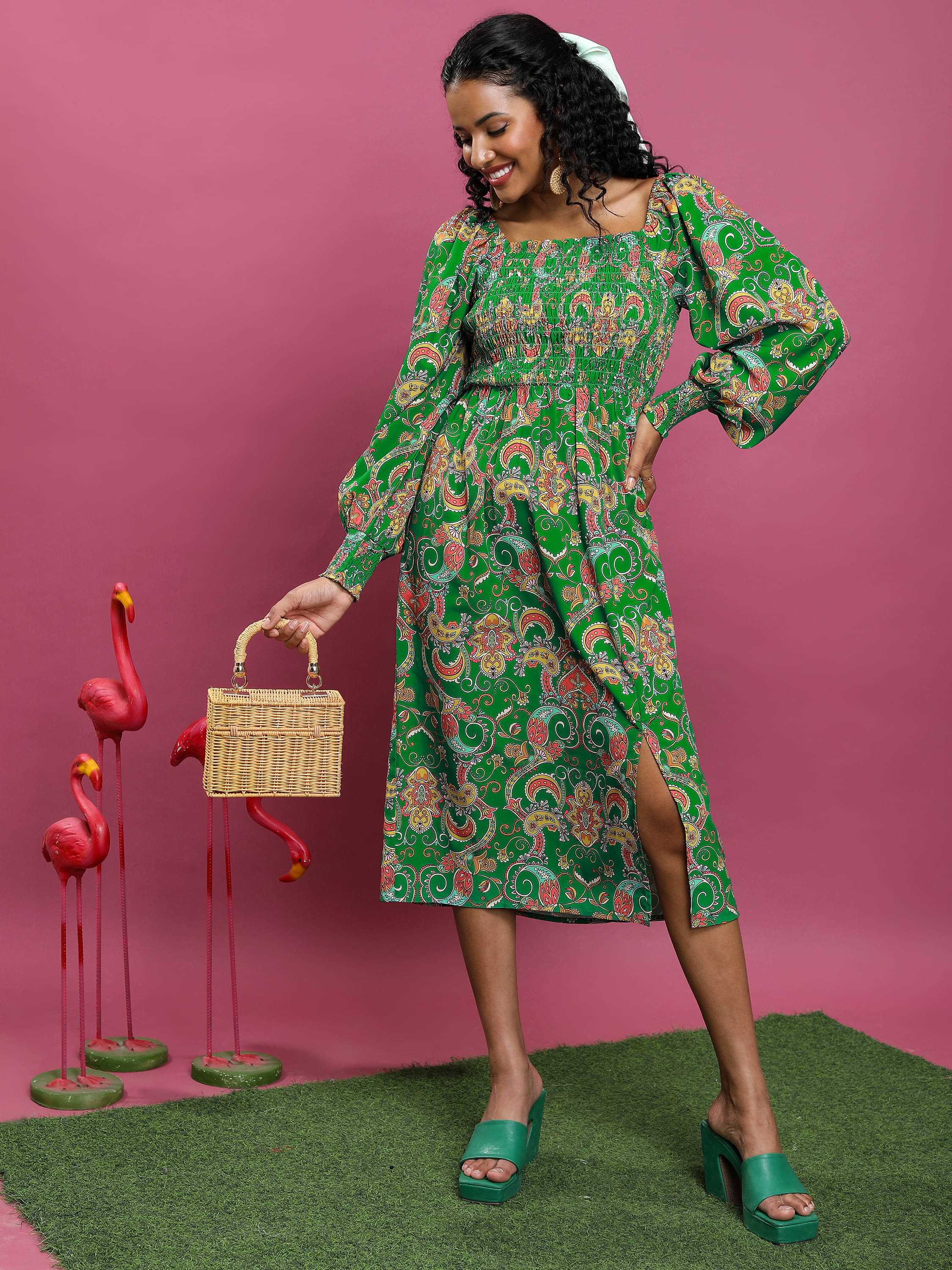     			Tokyo Talkies Women Polyester Printed Fit & Flare Dress ( Green )
