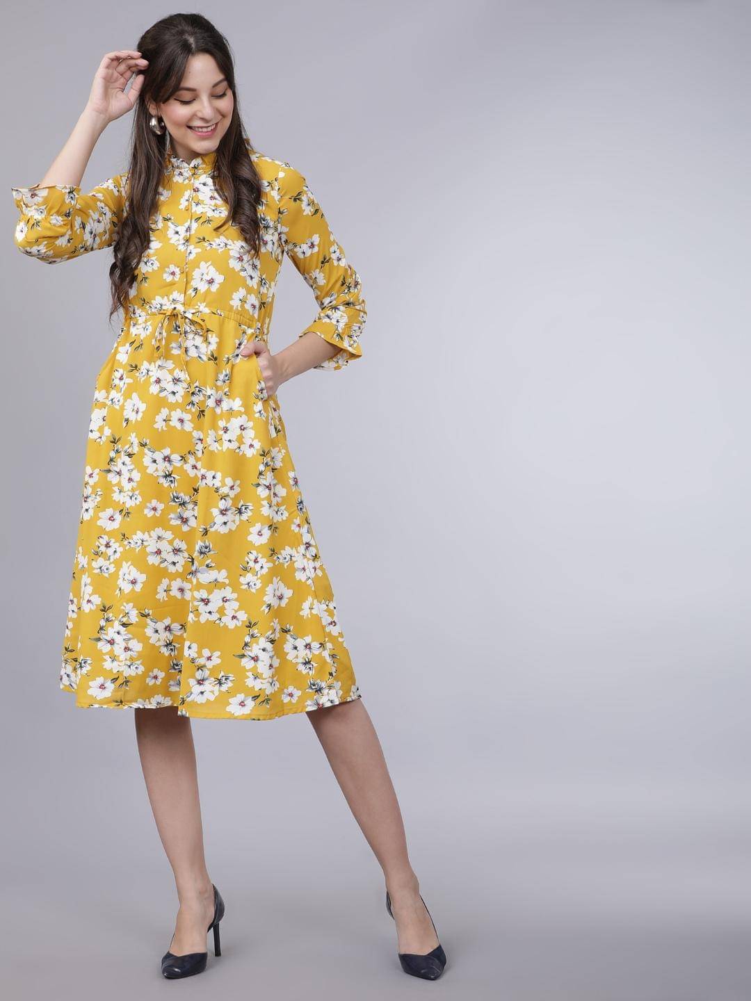 Tokyo Talkies Women Polyester Printed Fit & Flare Dress ( Mustard )     			Tokyo Talkies Women Polyester Printed Fit & Flare Dress ( Mustard )