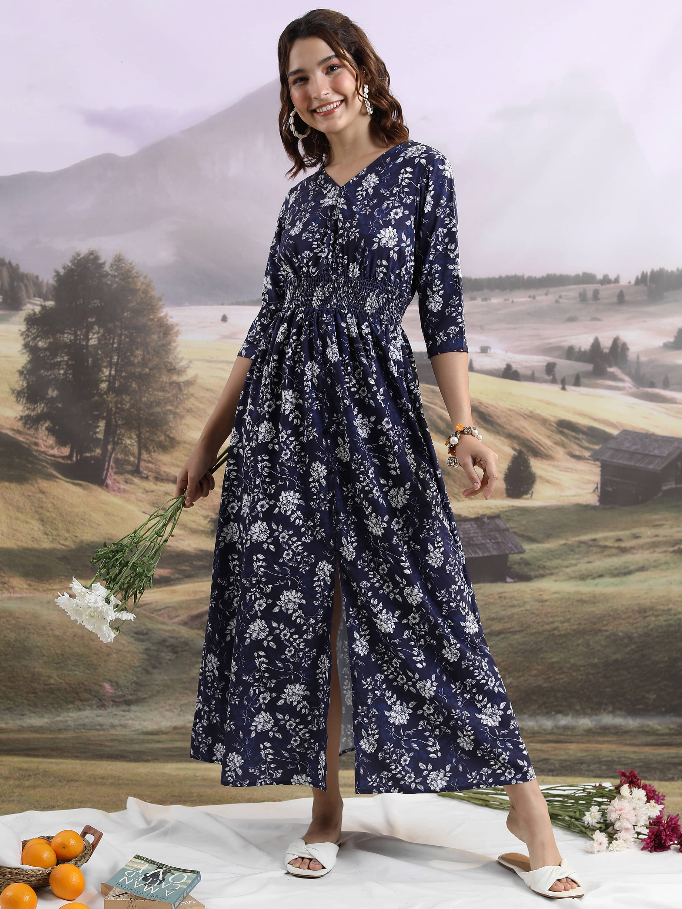     			Tokyo Talkies Women Polyester Printed Maxi ( Navy )