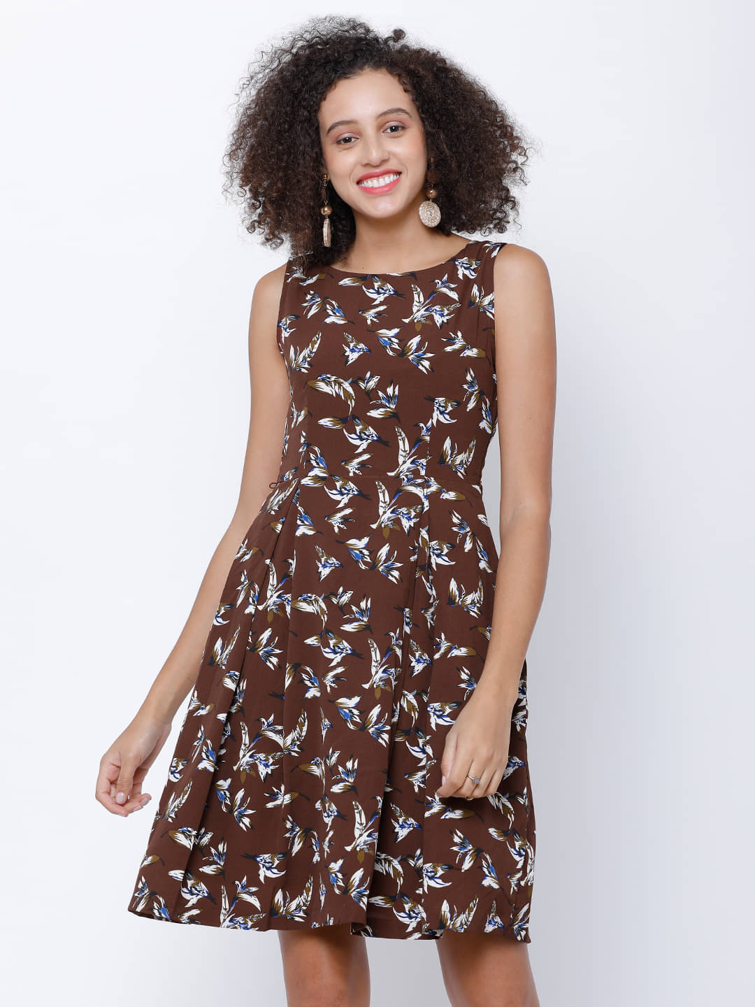     			Tokyo Talkies Women Polyester Printed Fit & Flare Dress ( Brown )