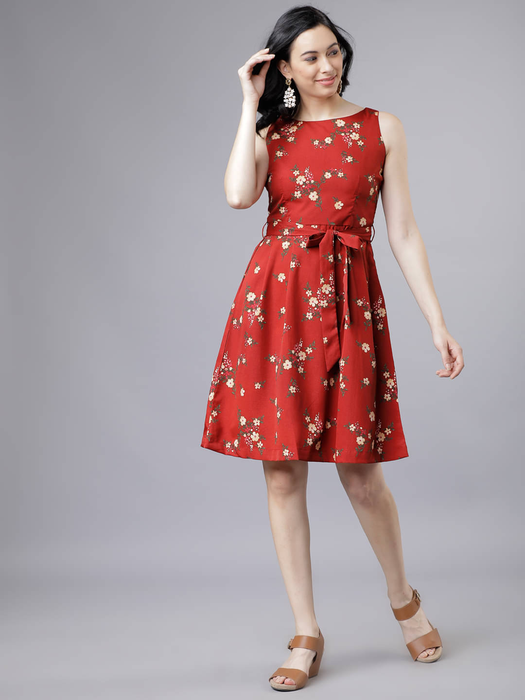     			Tokyo Talkies Women Polyester Printed Fit & Flare Dress ( Rust )