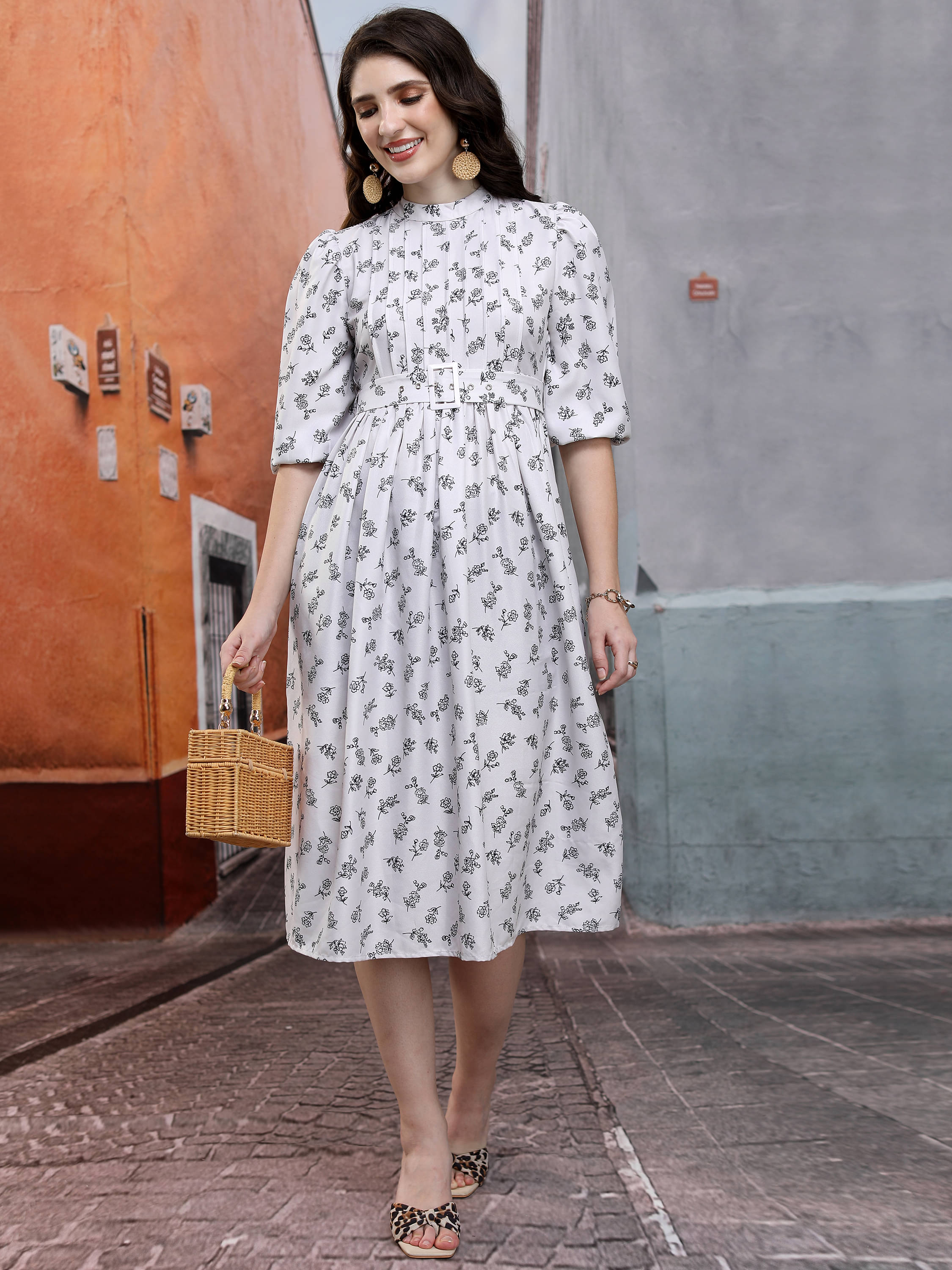     			Tokyo Talkies Women Polyester Printed A-line Dress ( Beige )