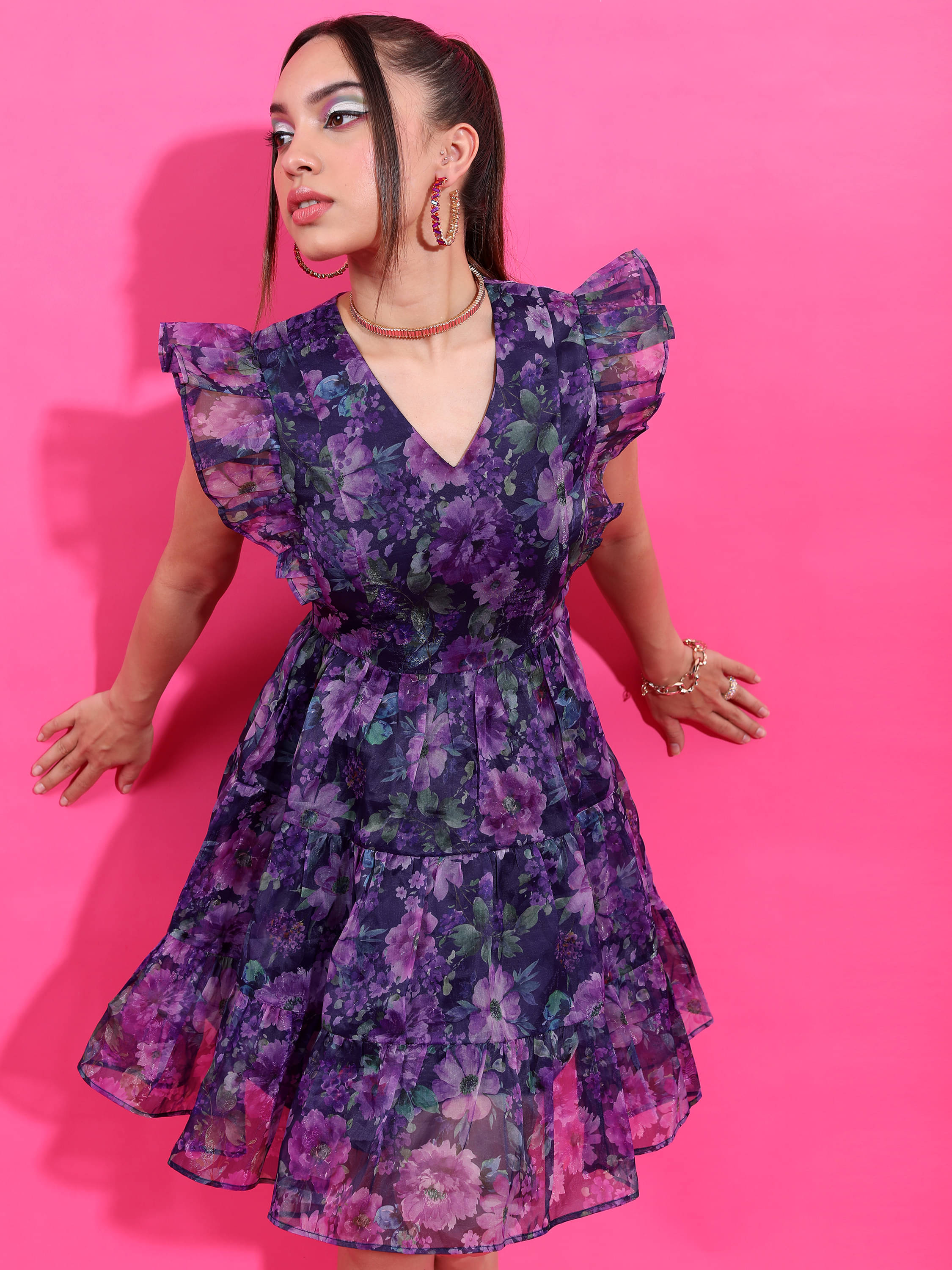 Tokyo Talkies Women Polyester Printed A-line Dress ( Purple )     			Tokyo Talkies Women Polyester Printed A-line Dress ( Purple )