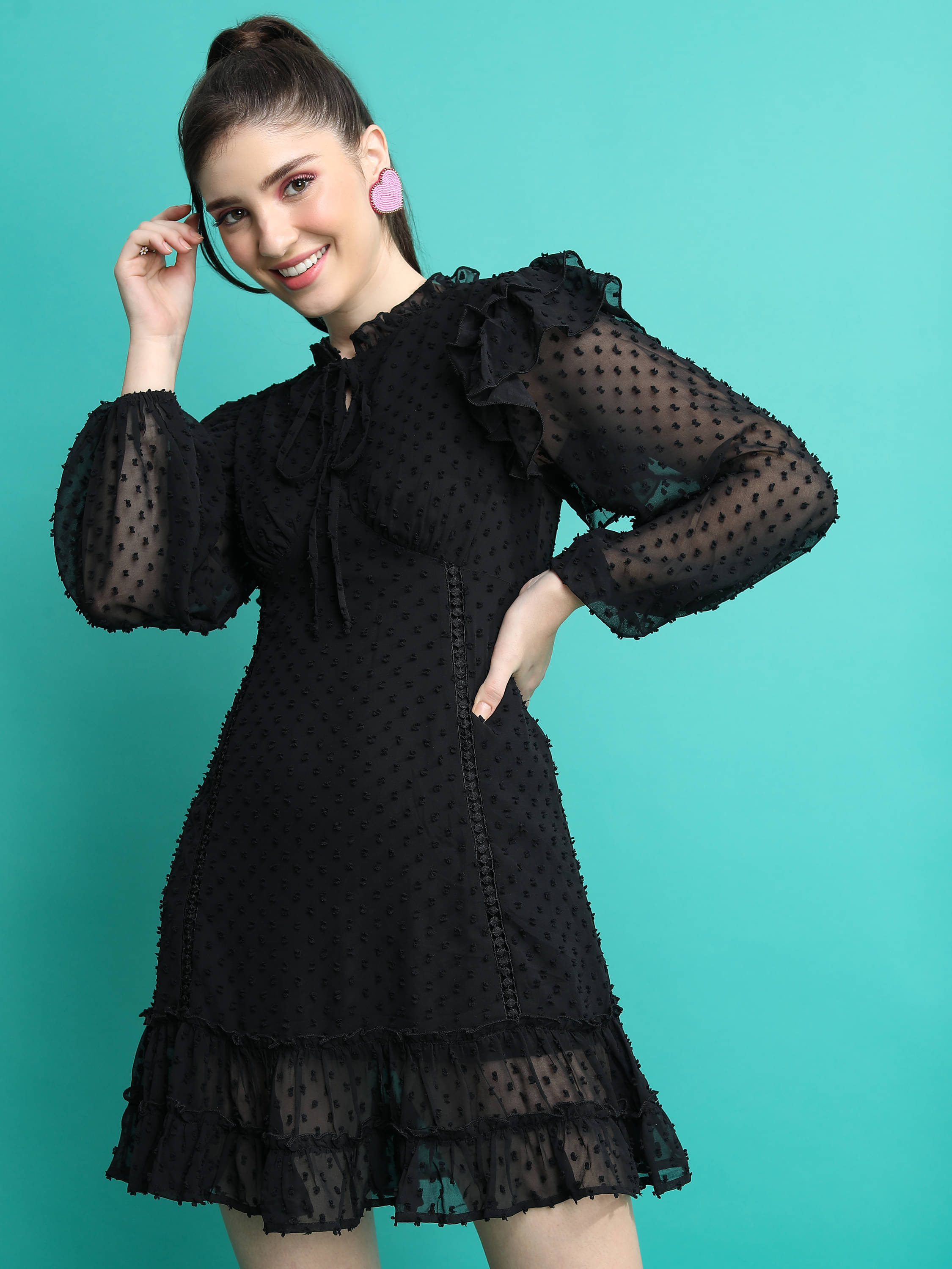 Tokyo Talkies Women Polyester Self Design Fit & Flare Dress ( Black )     			Tokyo Talkies Women Polyester Self Design Fit & Flare Dress ( Black )