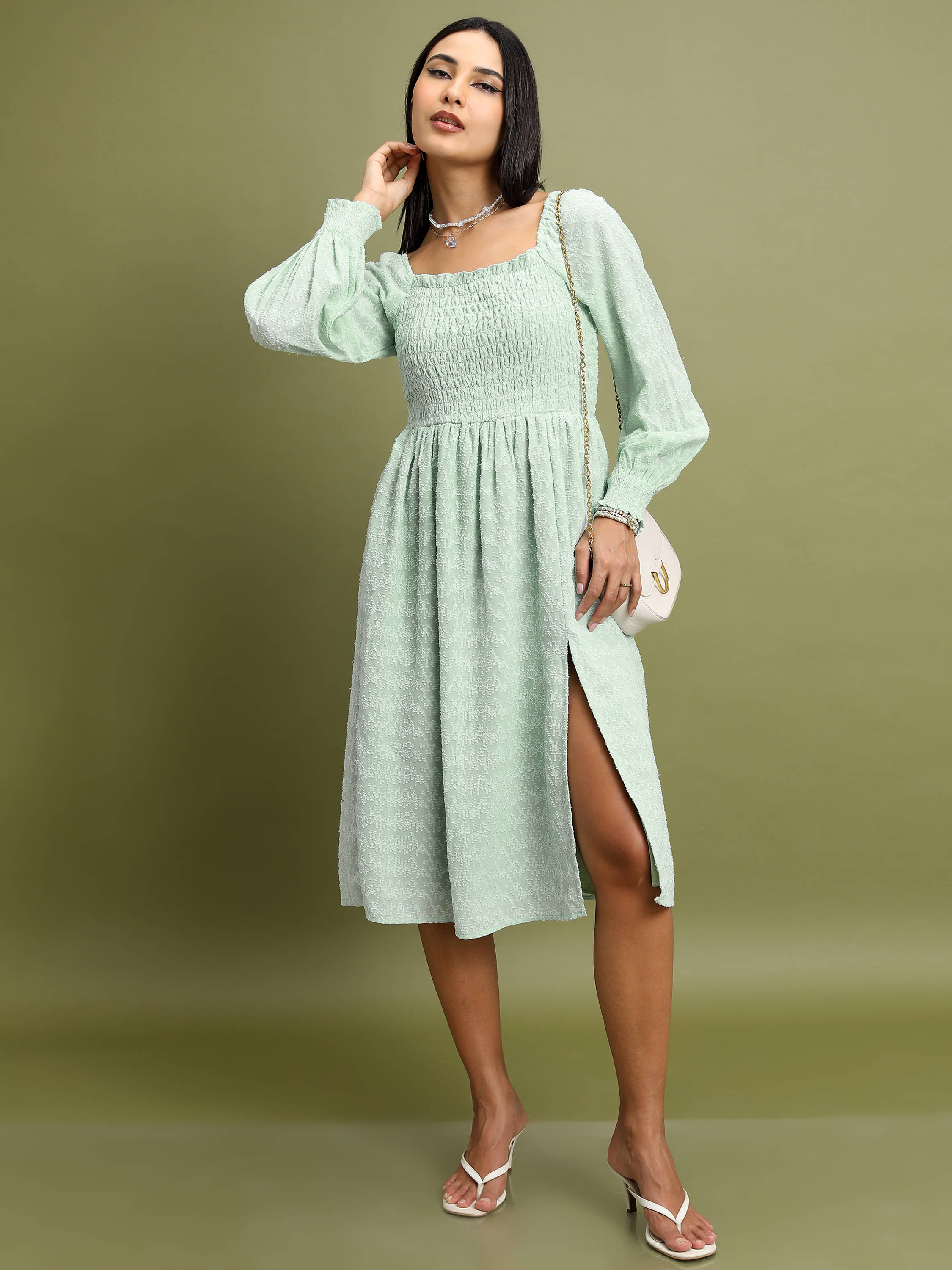 Tokyo Talkies Women Polyester Self Design Fit & Flare Dress ( Green )     			Tokyo Talkies Women Polyester Self Design Fit & Flare Dress ( Green )