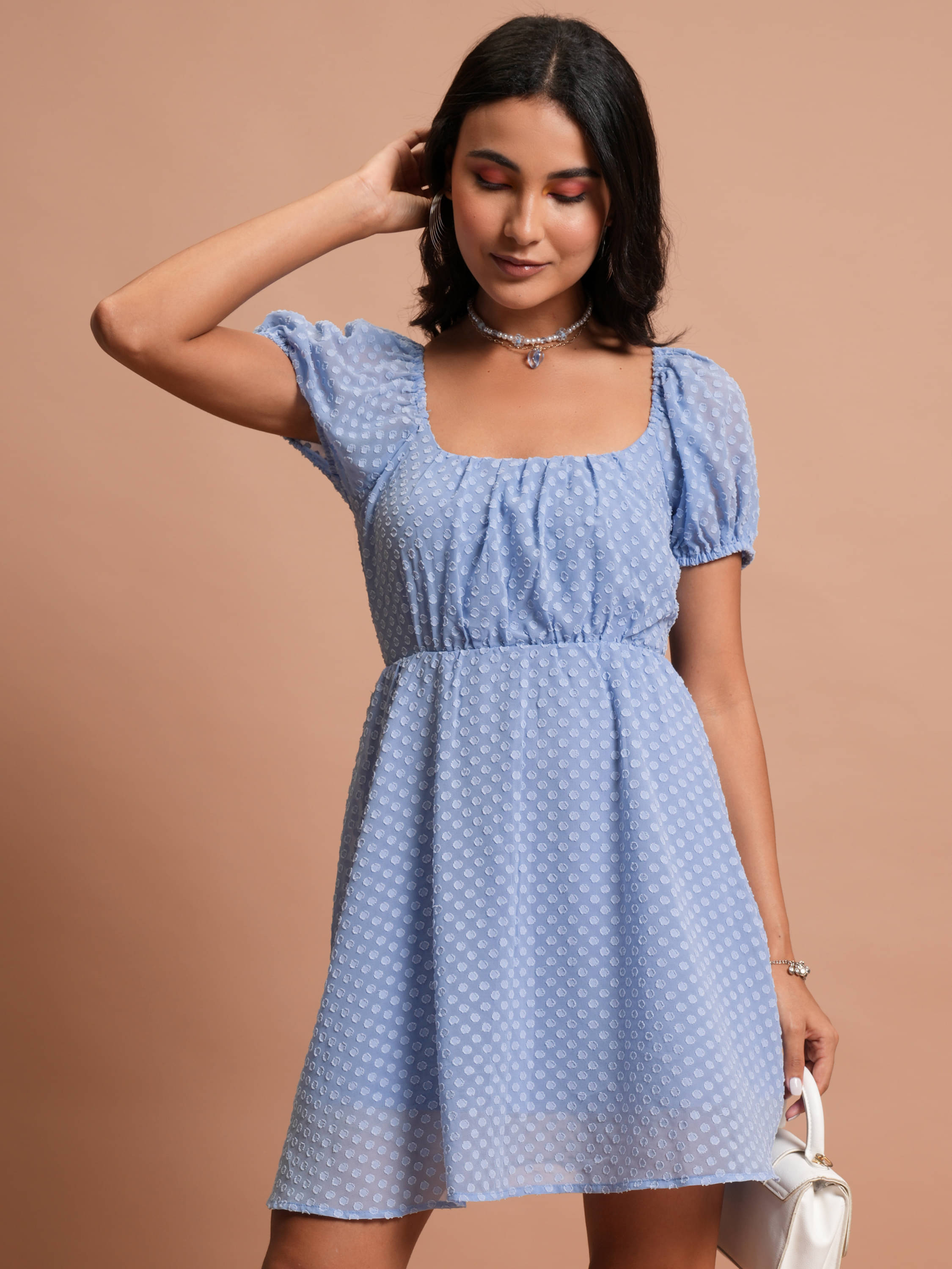     			Tokyo Talkies Women Polyester Self Design A-line Dress ( Blue )
