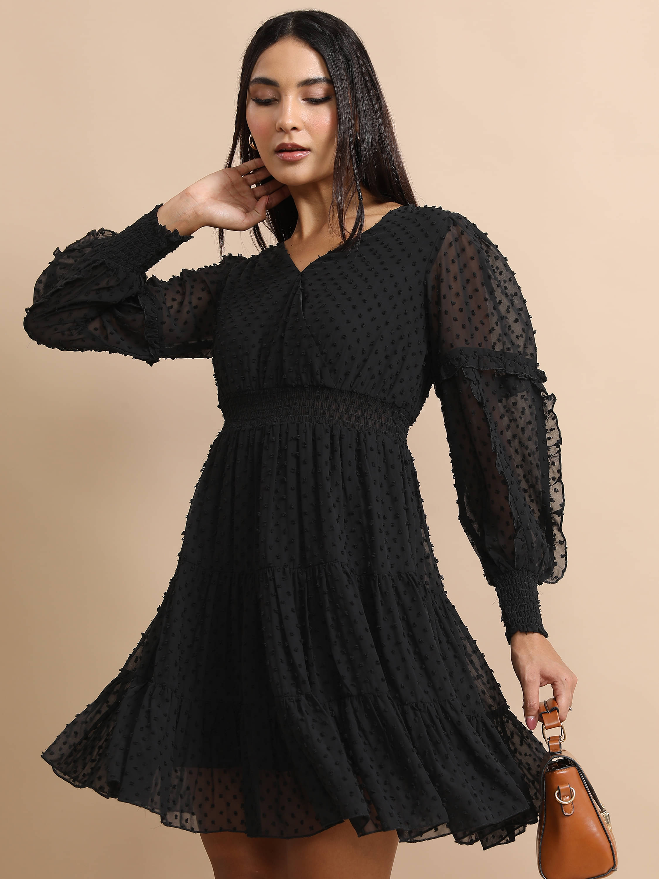Tokyo Talkies Women Polyester Self Design Fit & Flare Dress ( Black ) Tokyo Talkies Women Polyester Self Design Fit & Flare Dress ( Black )