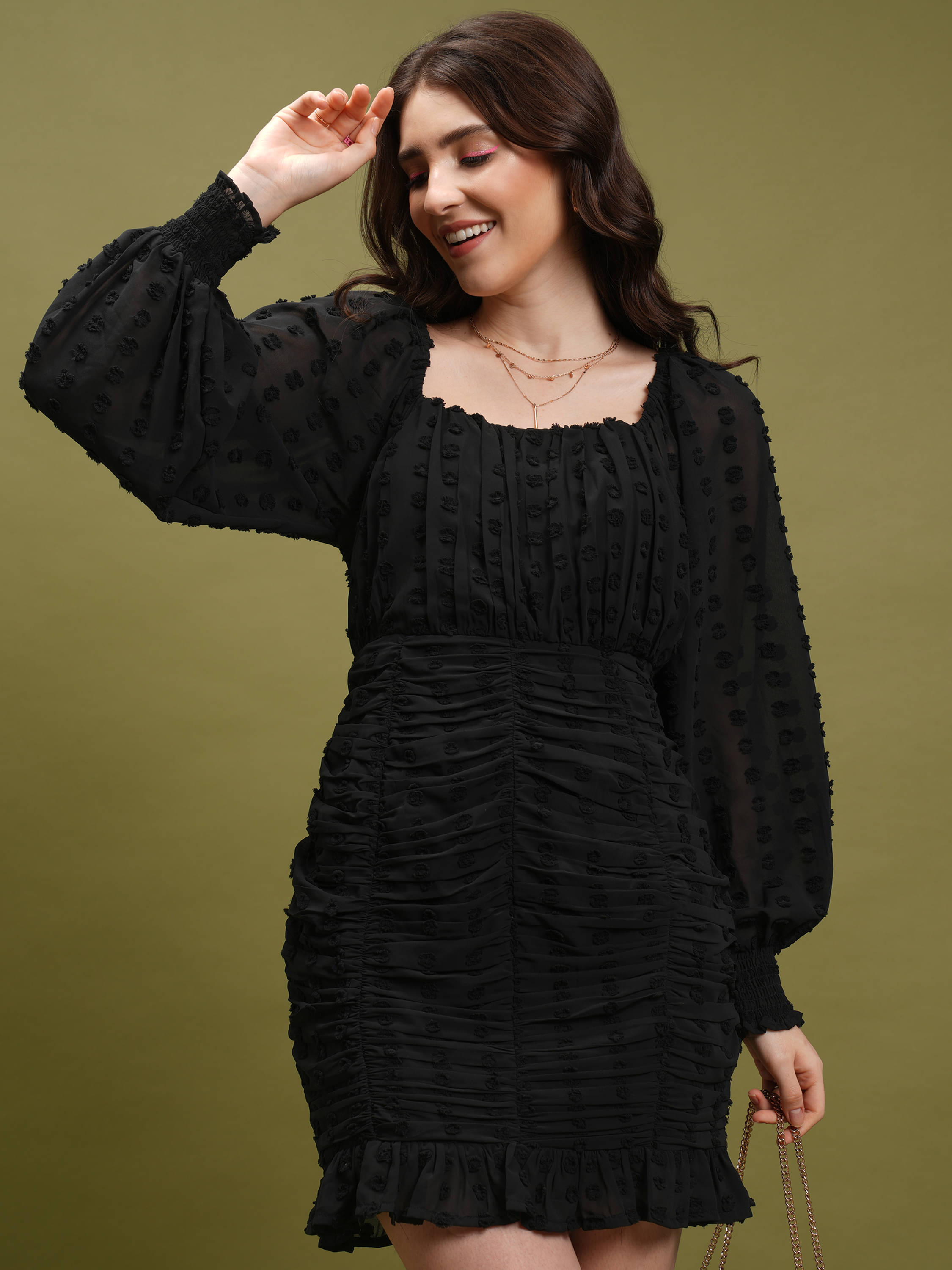 Tokyo Talkies Women Polyester Self Design Fit & Flare Dress ( Black )     			Tokyo Talkies Women Polyester Self Design Fit & Flare Dress ( Black )