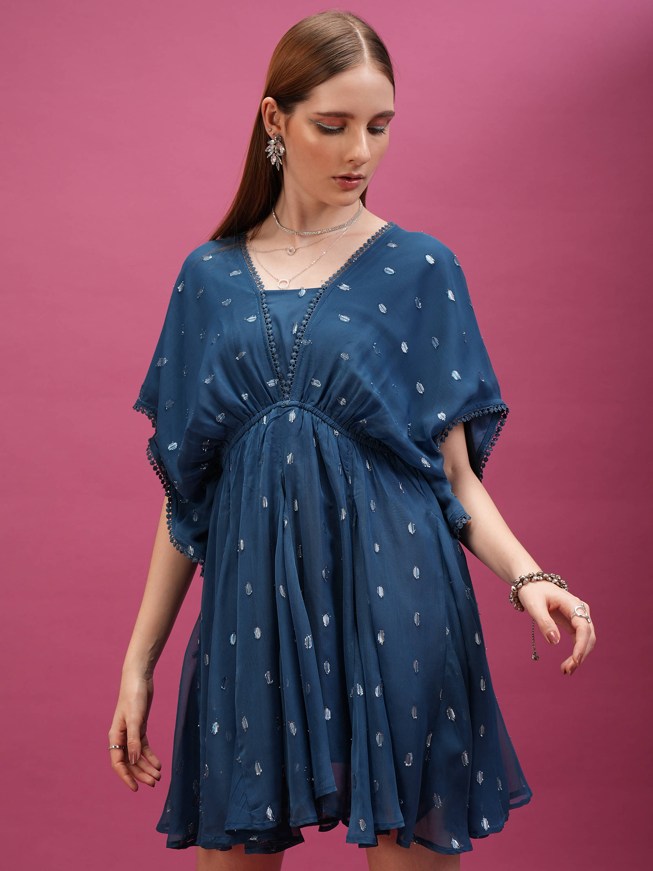 Tokyo Talkies Women Polyester Self Design A-line Dress ( Blue ) Tokyo Talkies Women Polyester Self Design A-line Dress ( Blue )