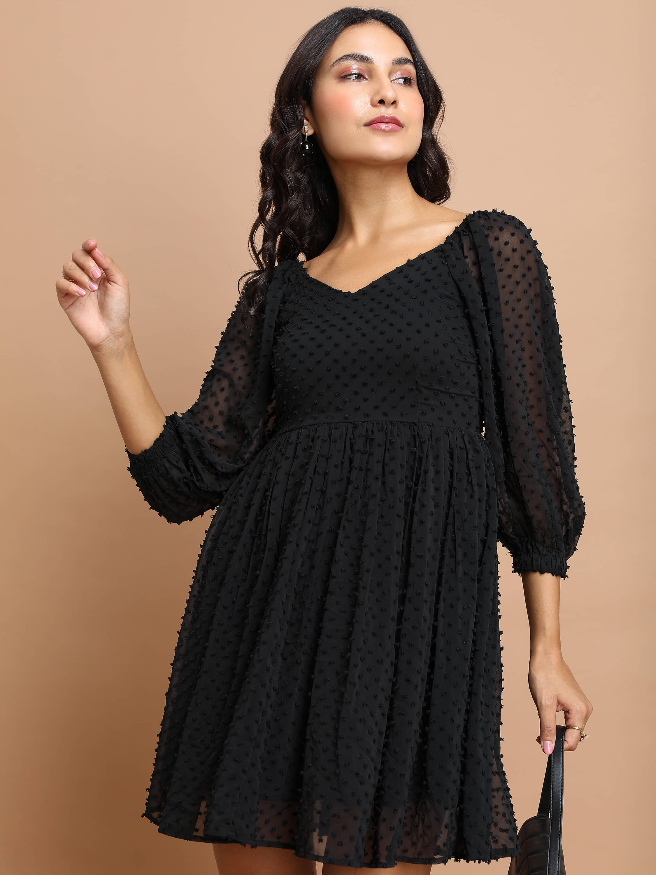     			Tokyo Talkies Women Polyester Self Design Fit & Flare Dress ( Black )