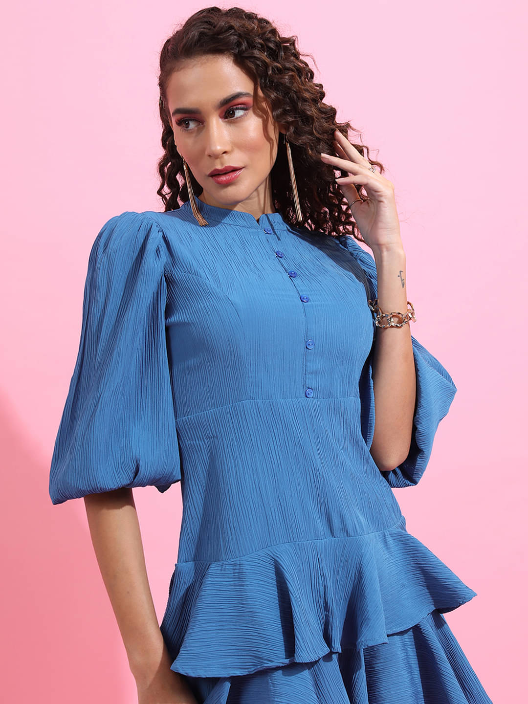     			Tokyo Talkies Women Polyester Solid Fit & Flare Dress ( Blue )